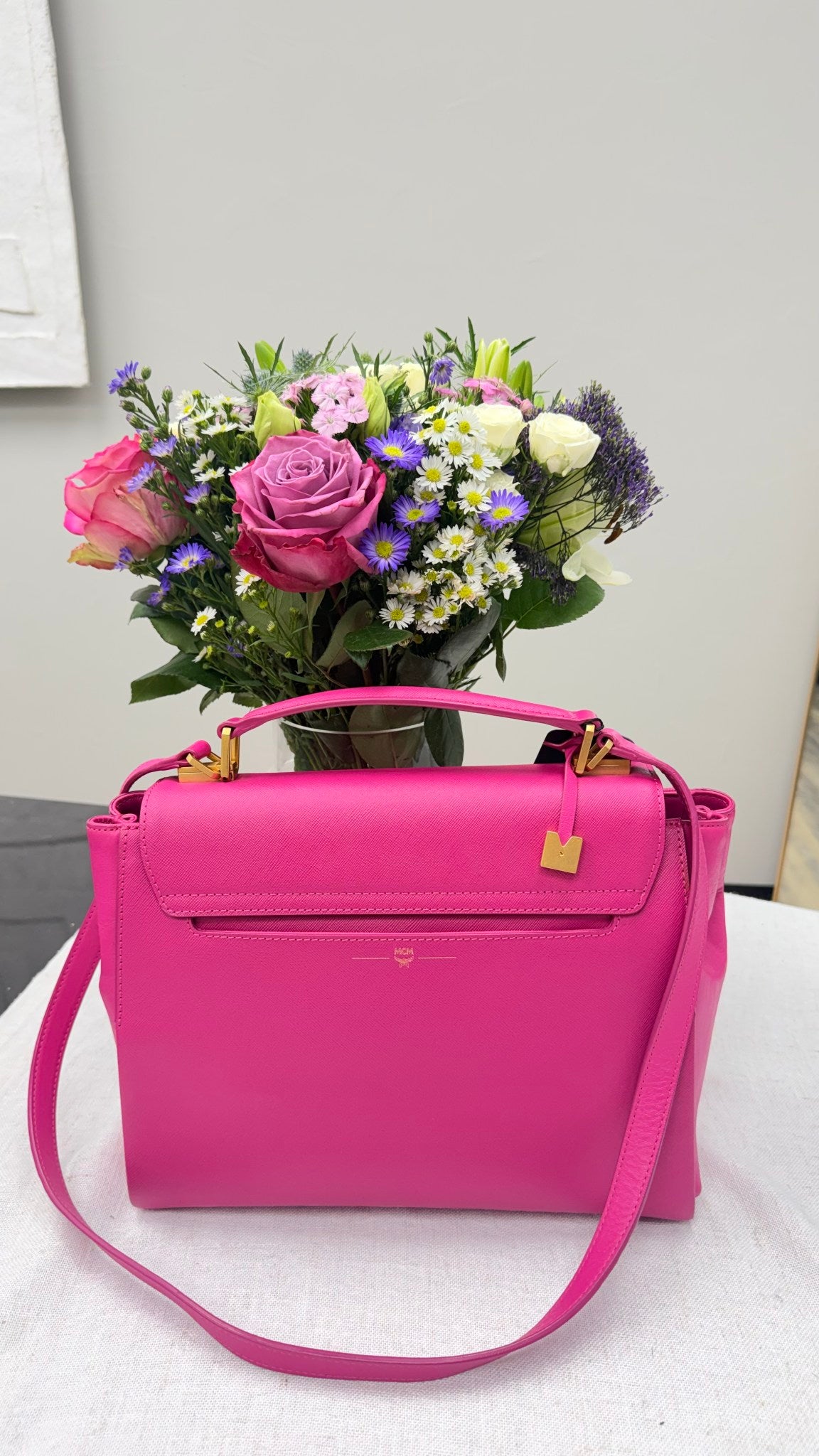 MCM Hot pink Saffiano Leather Flap Handbag