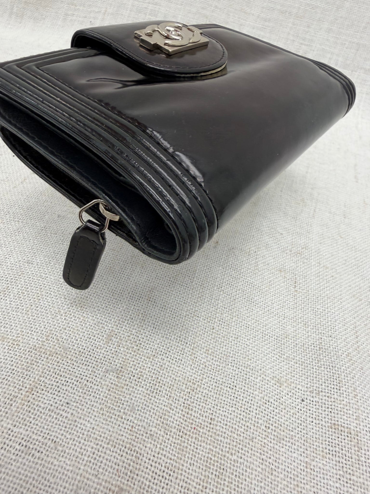 Chanel Black Patent Leather Boy Compact Wallet