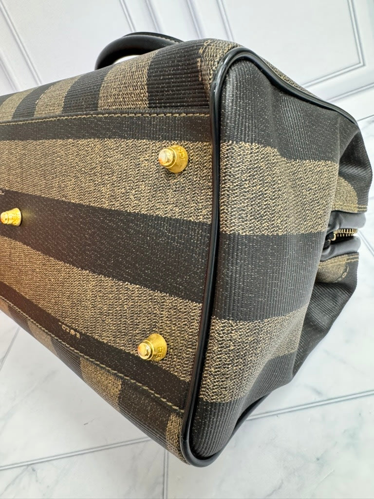 Fendi Black And Brown Coated Canvas Pequin Small Boston Bag