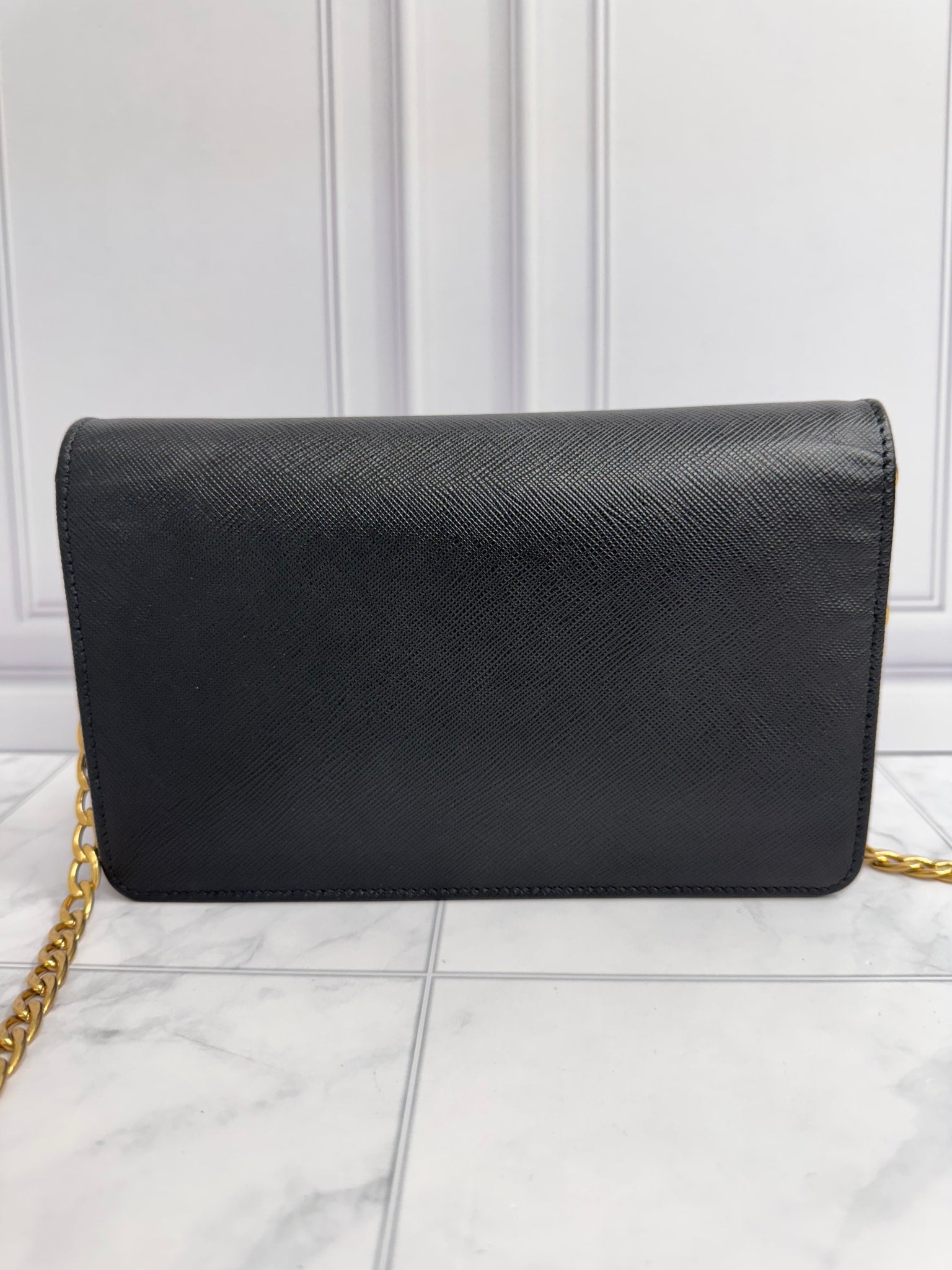 Prada Black Monochrome Saffiano leather Wallet on A Chain