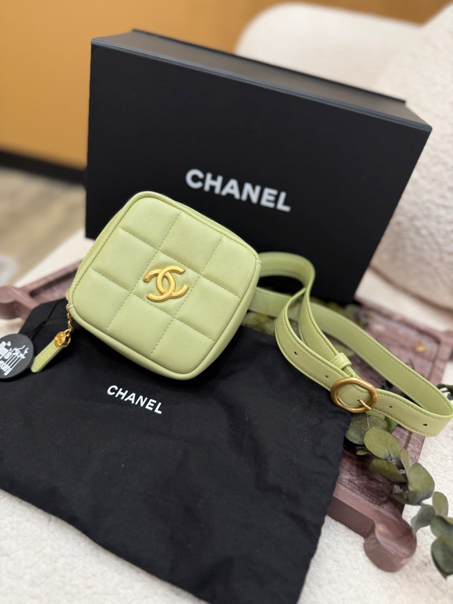 Chanel Green Lambskin Quilted Dimond Waist Bag