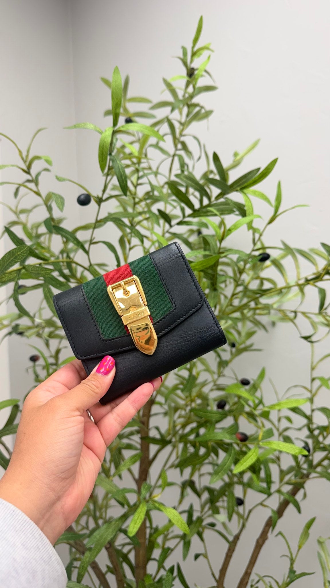 Gucci Black Leather Web Sylvie Compact Trifold Wallet