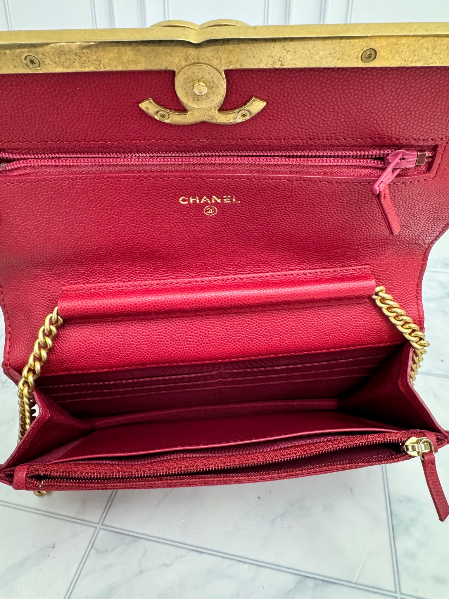 Chanel Red Quilted Caviar Leather And Suede Lady Coco Wallet On Chain