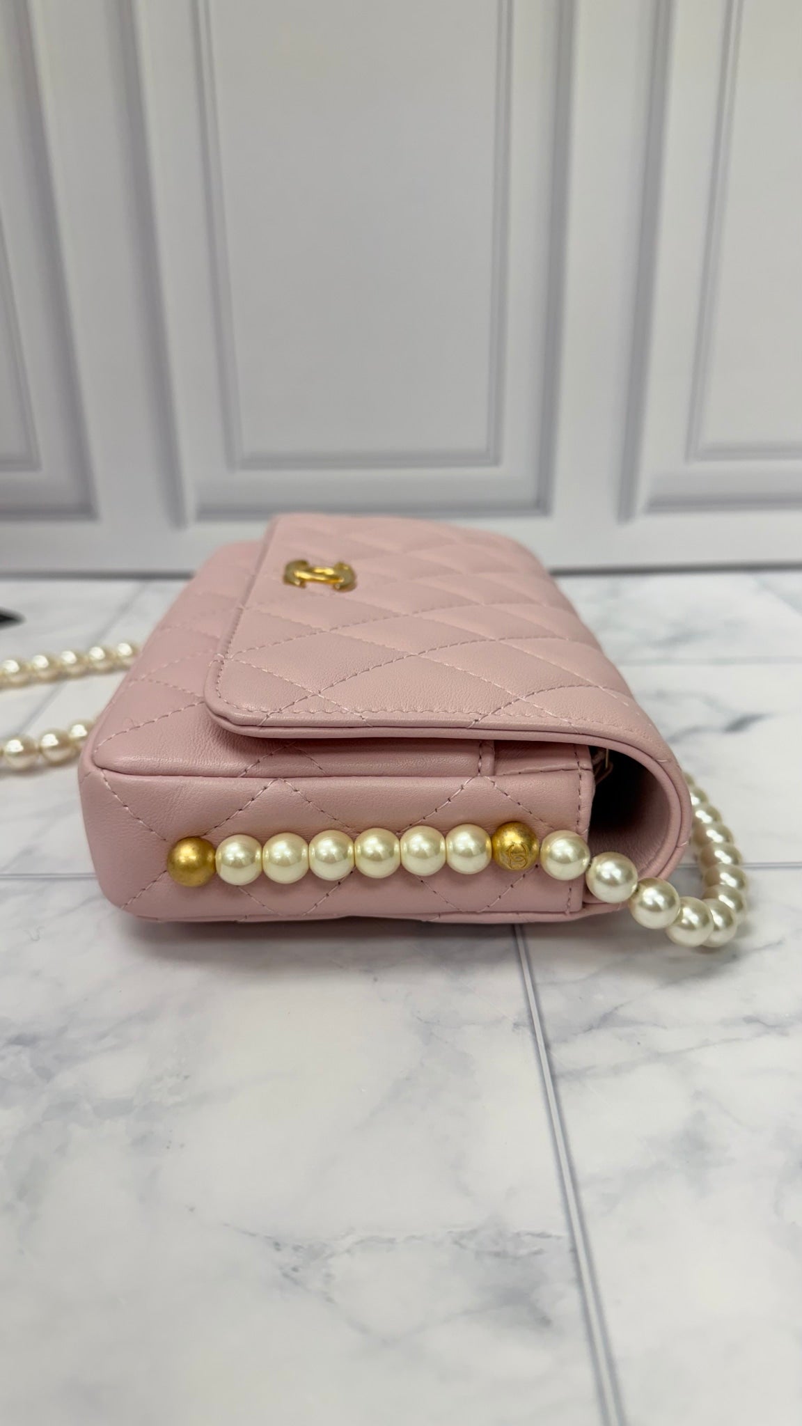 Chanel Pink Lambskin Quilted Leather Pearl Wallet On A Chain