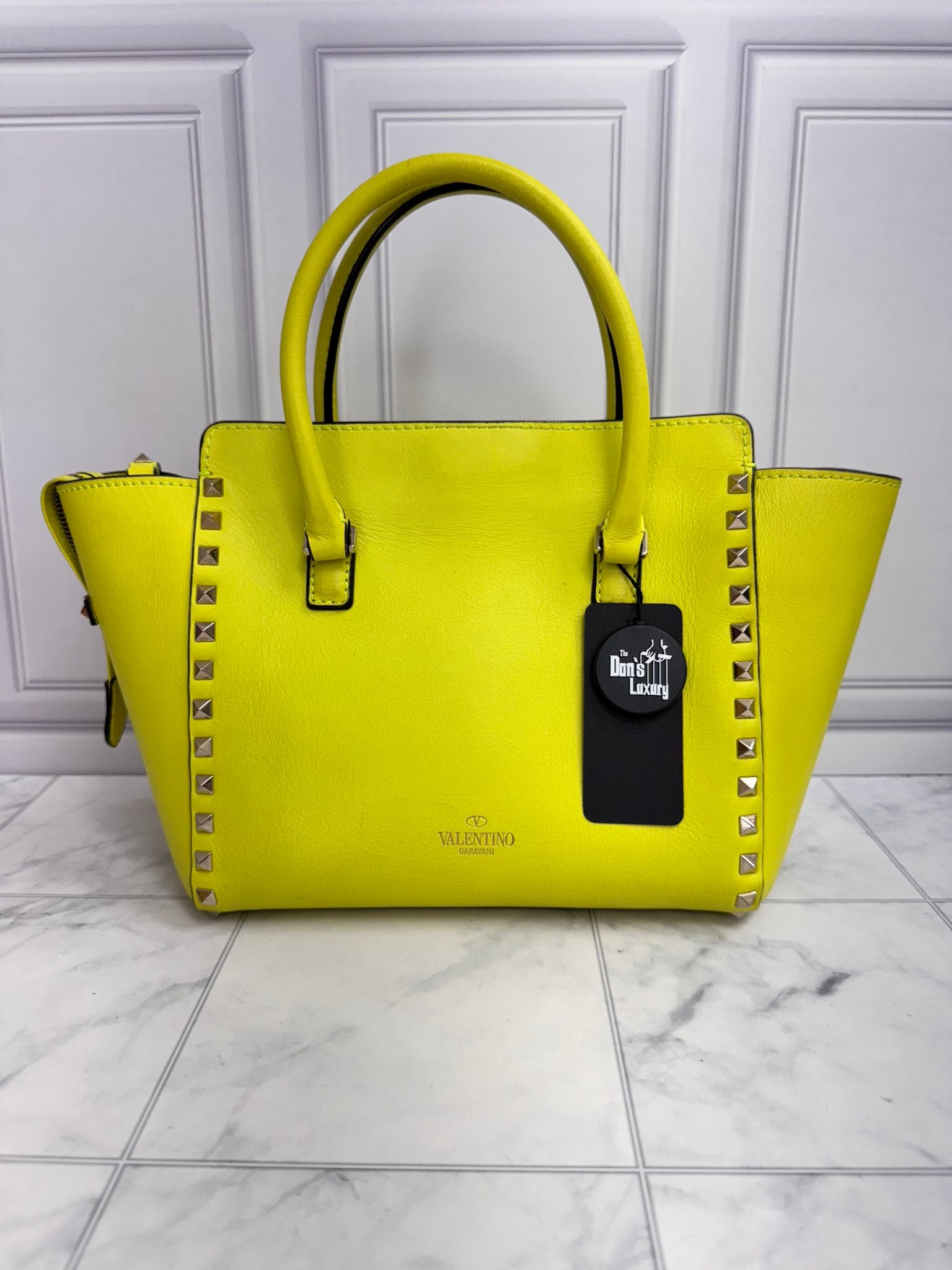 Valentino Yellow Leather Rockstud Double Handle Tote Bag