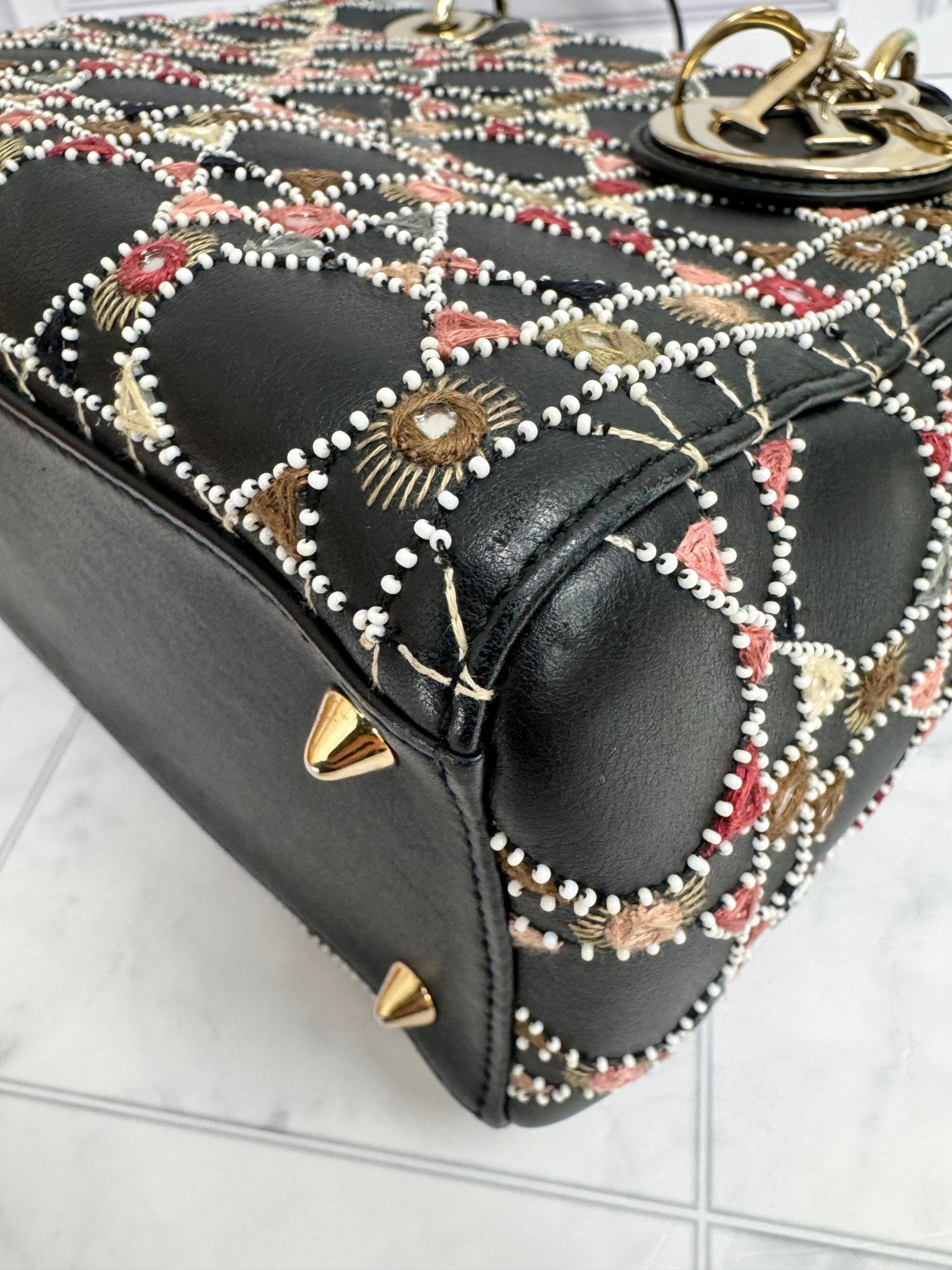Christian Dior Black Multicolor Embroidered Lady Dior Medium 2Way Bag