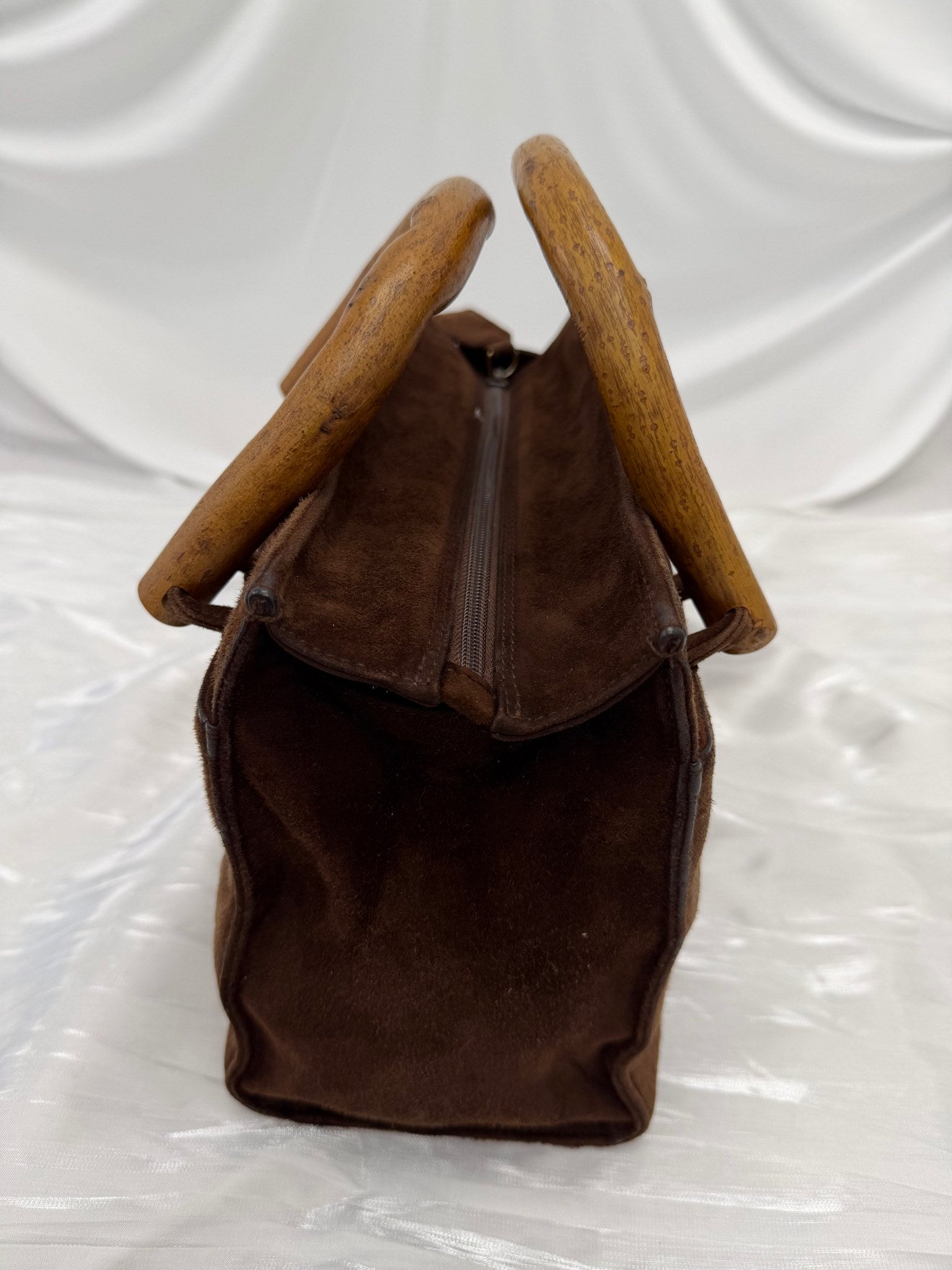 Prada Vintage Brown Suede & Wooden Handle Bag