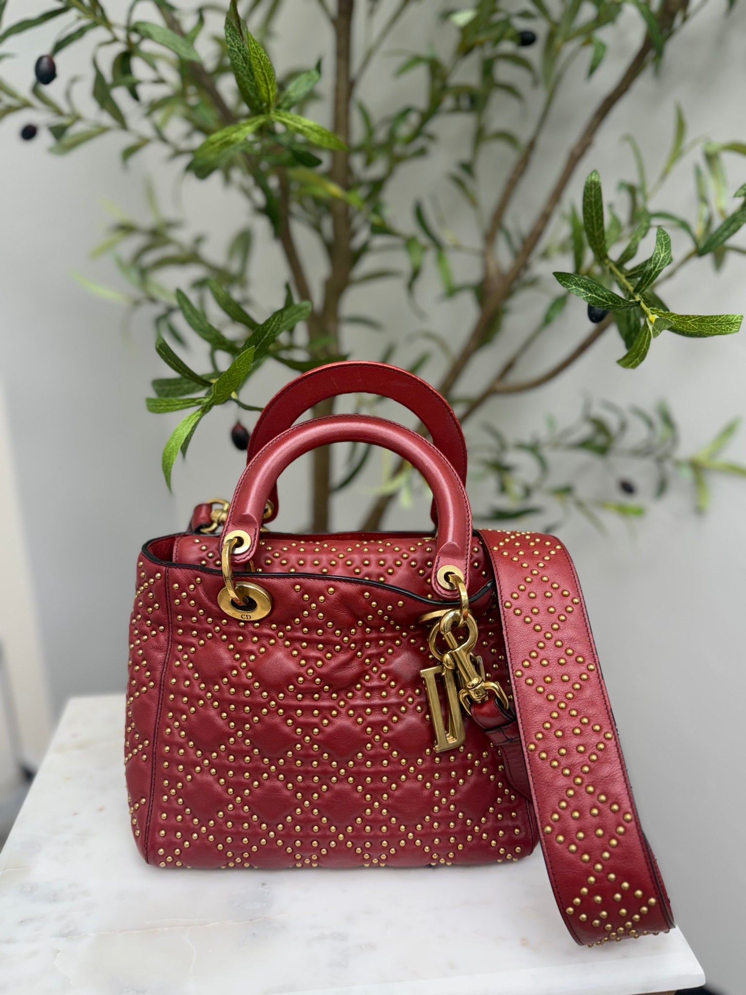 Christian Dior Burnt Red Leather Studded Medium Lady Dior Handbag