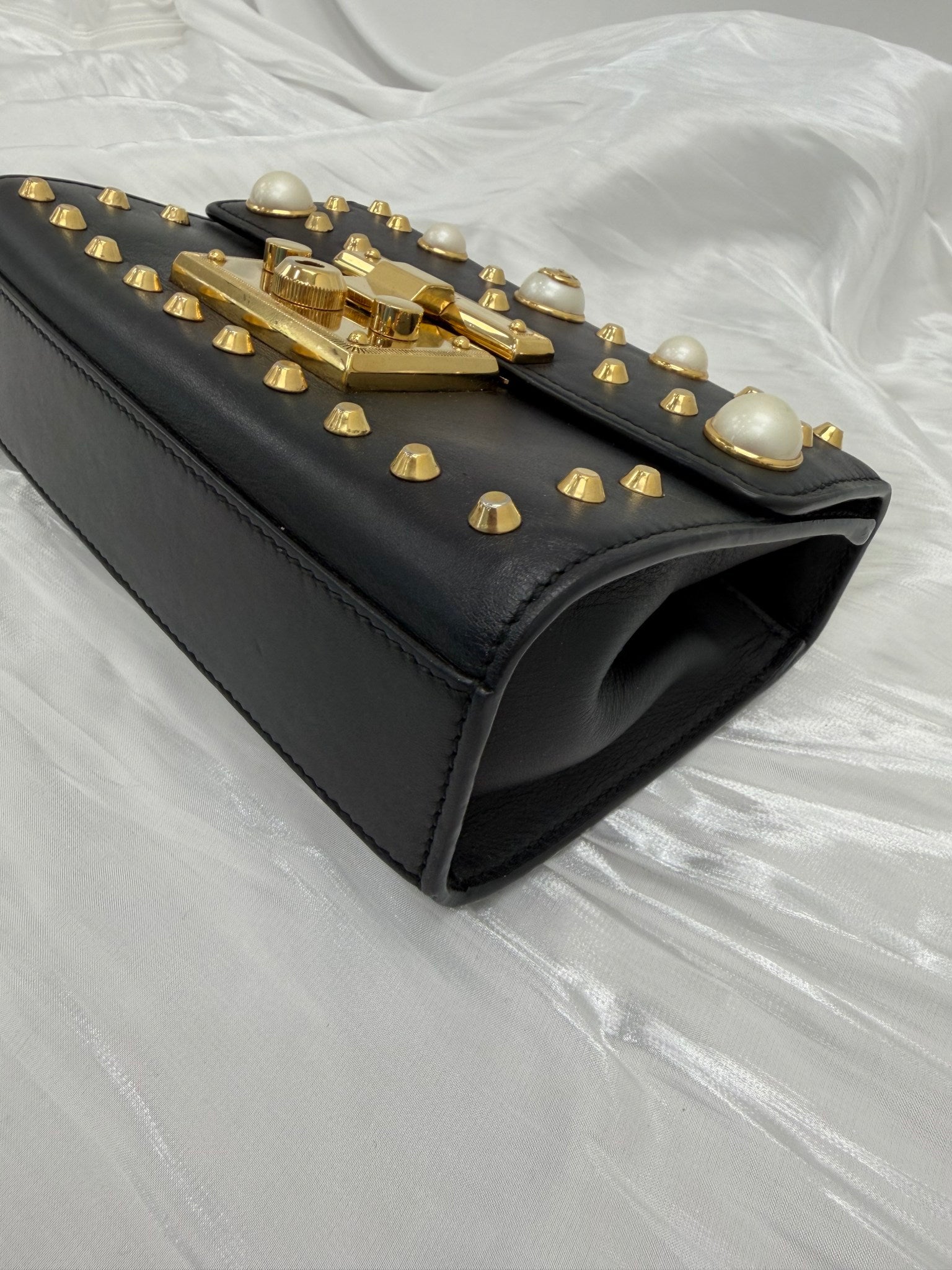 Gucci Black Leather Small Studded Pearl Padlock Bag