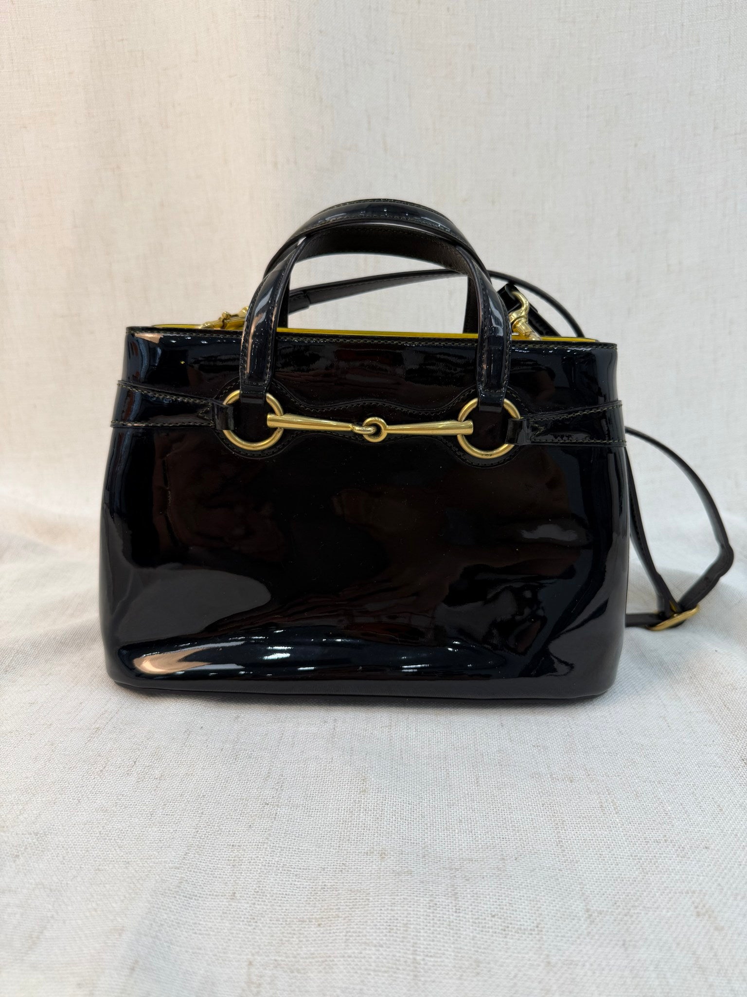 Gucci Black Patent Leather Horsebit Two Way Bag