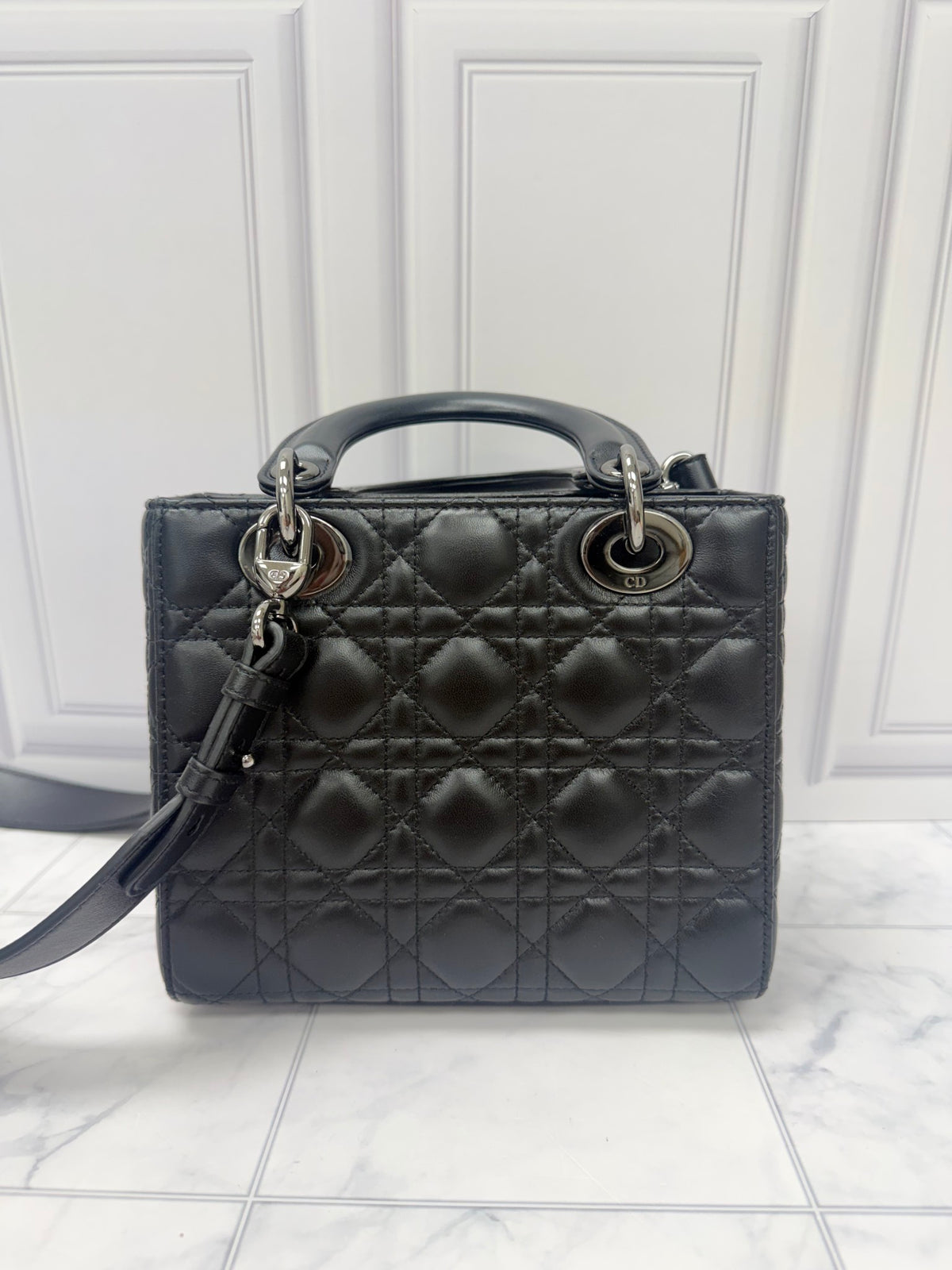 Christian Dior Black Lambskin Leather Small Lady Dior Handbag