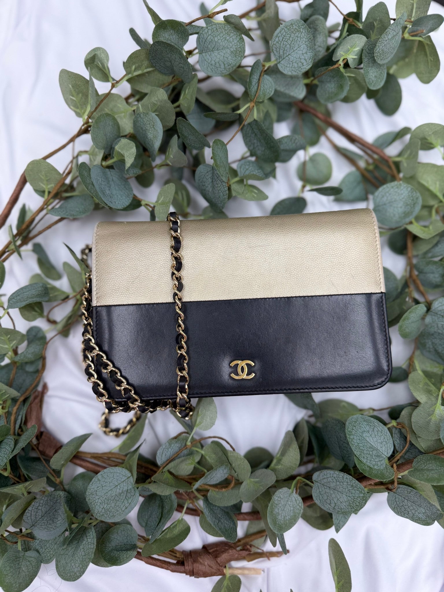 Chanel Gold Caviar & Black Calfskin Wallet on a Chain