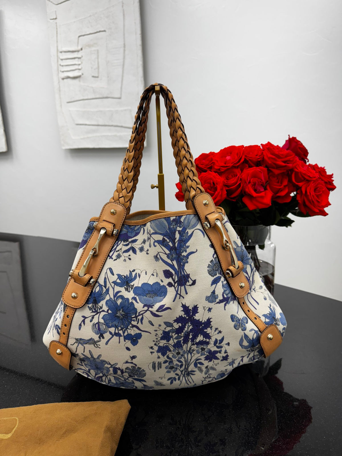 Gucci White & Blue Floral Print Canvas Pelham Large Tote Bag