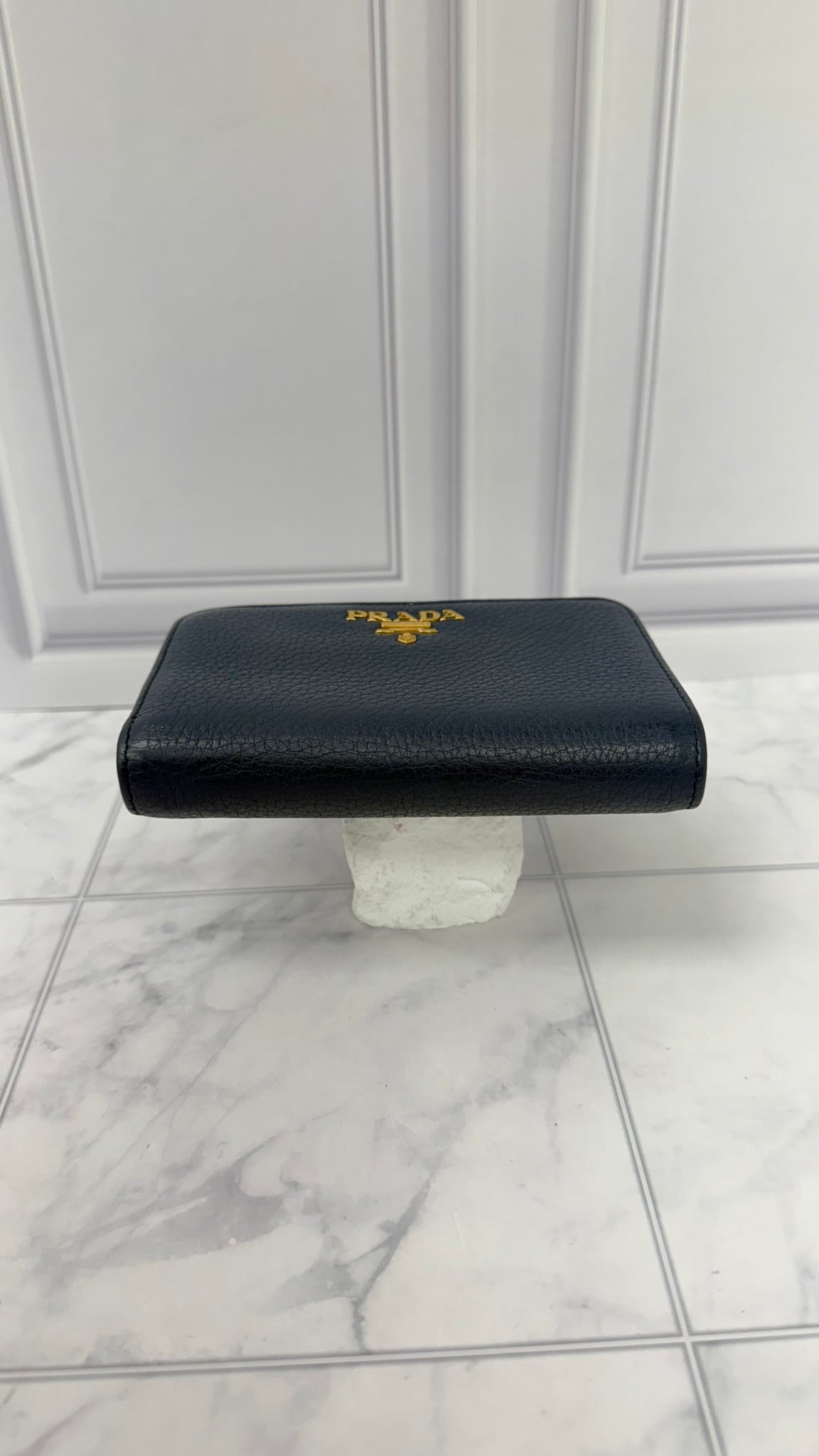 Prada Navy Blue Pebbled Leather Compact Wallet