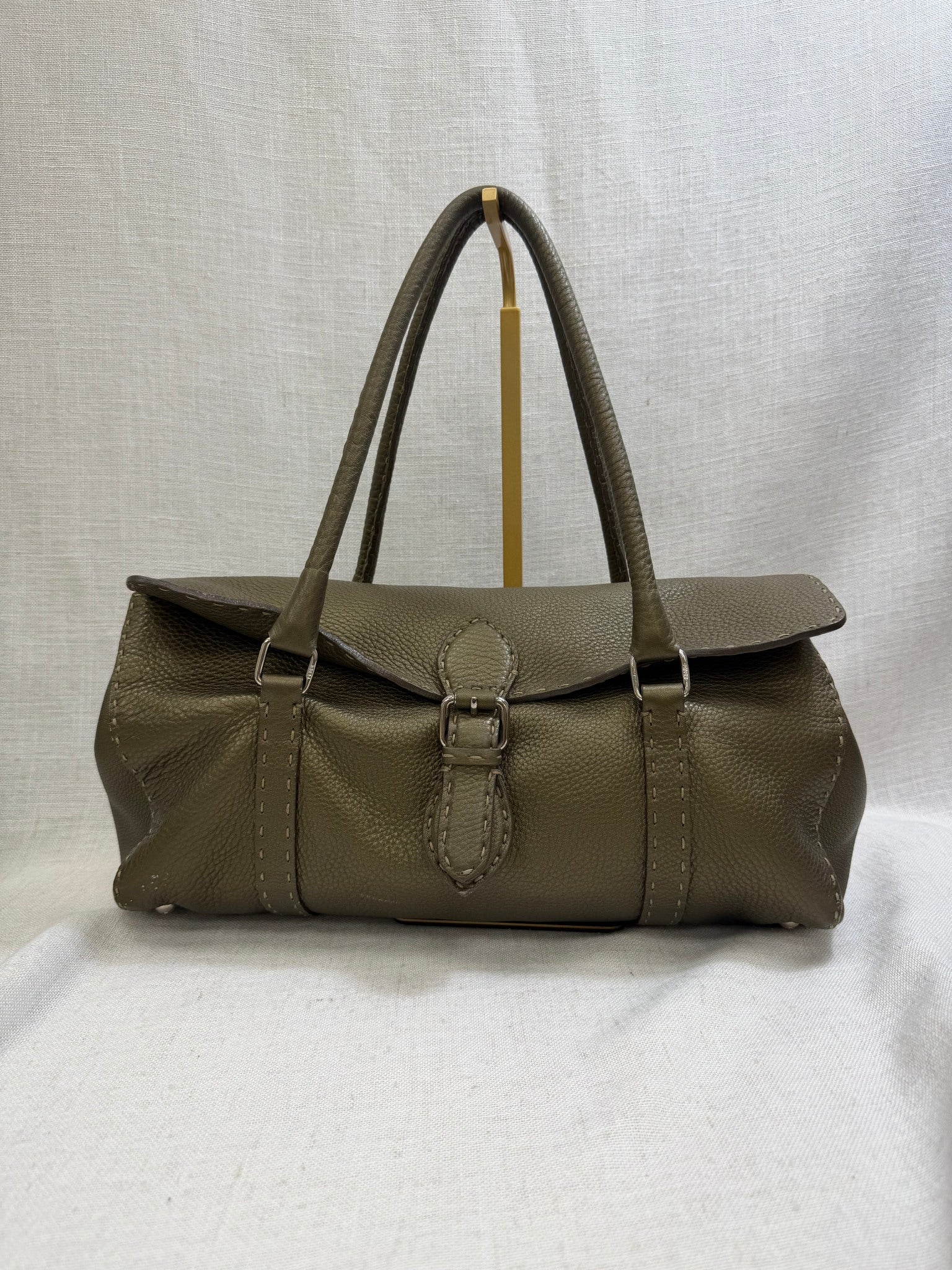 Fendi Green Pebbled Leather Seller Linda Handbag