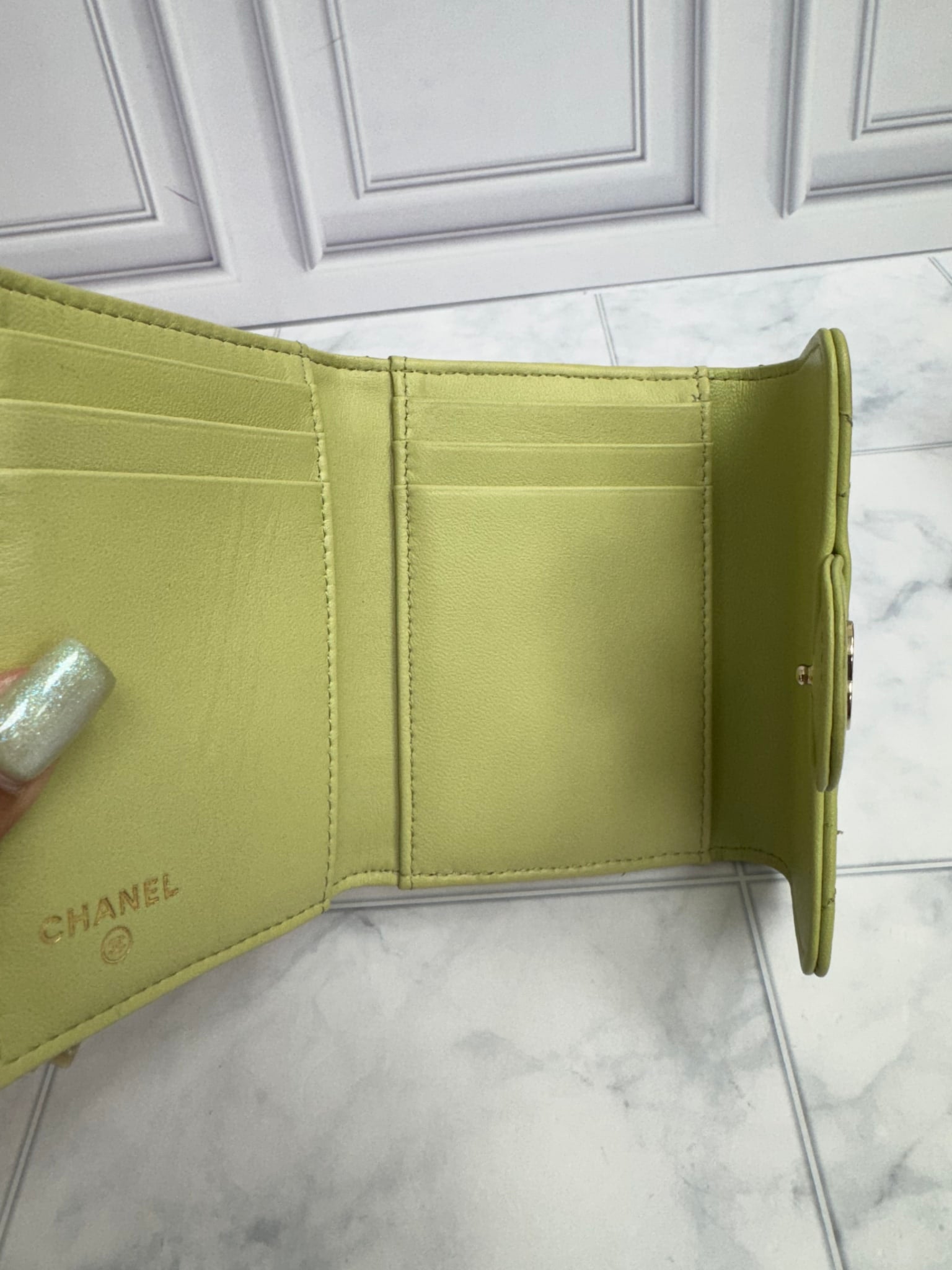 Chanel Green Diamond Quilted Leather Flap Compact Wallet