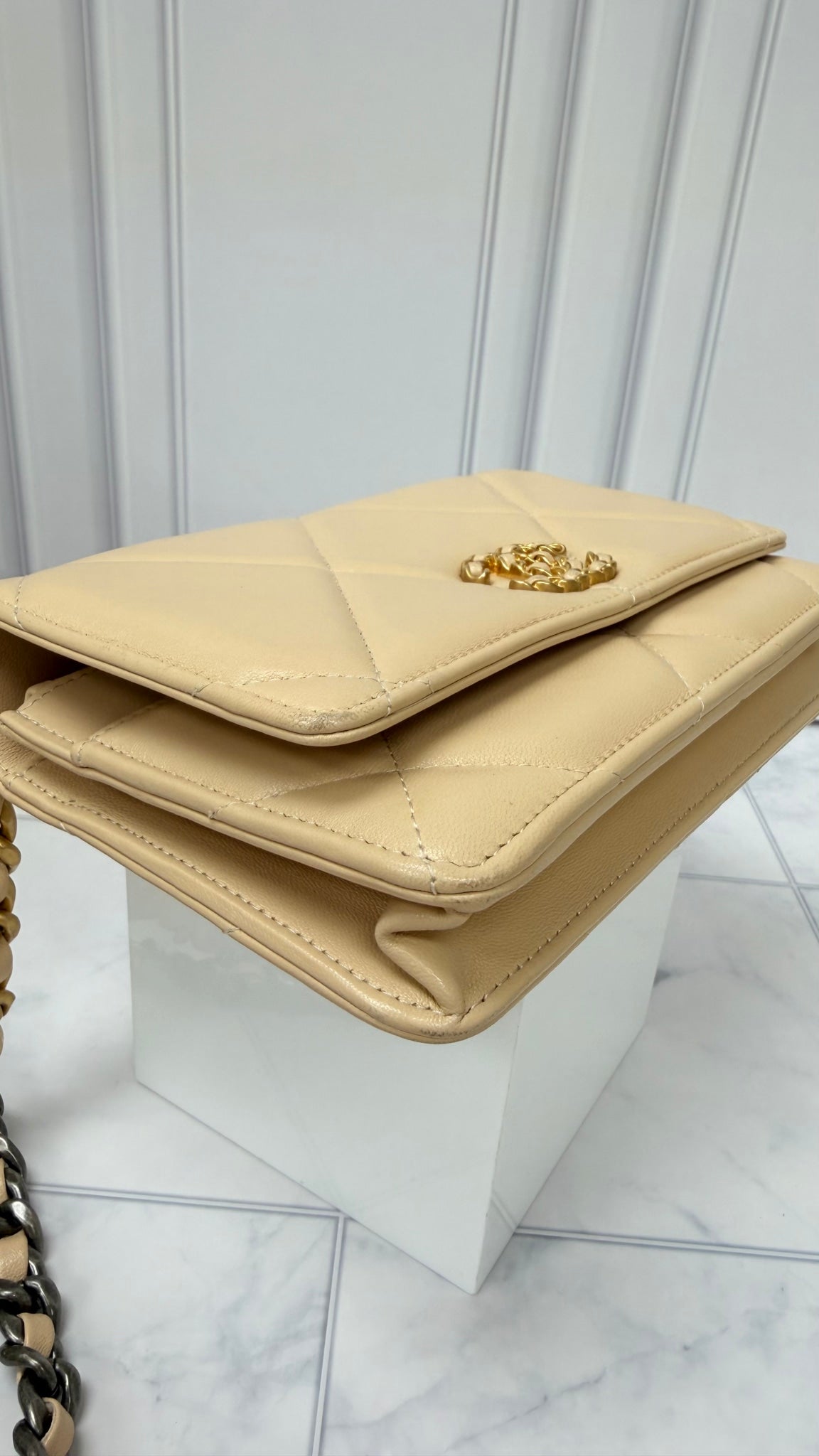 Chanel Beige Quilted Lambskin Leather Chanel 19 Wallet On A Chain