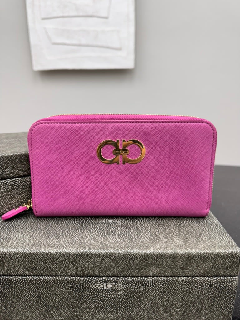 Salvatore Ferragamo Pink Saffiano Leather Long Zippy Wallet