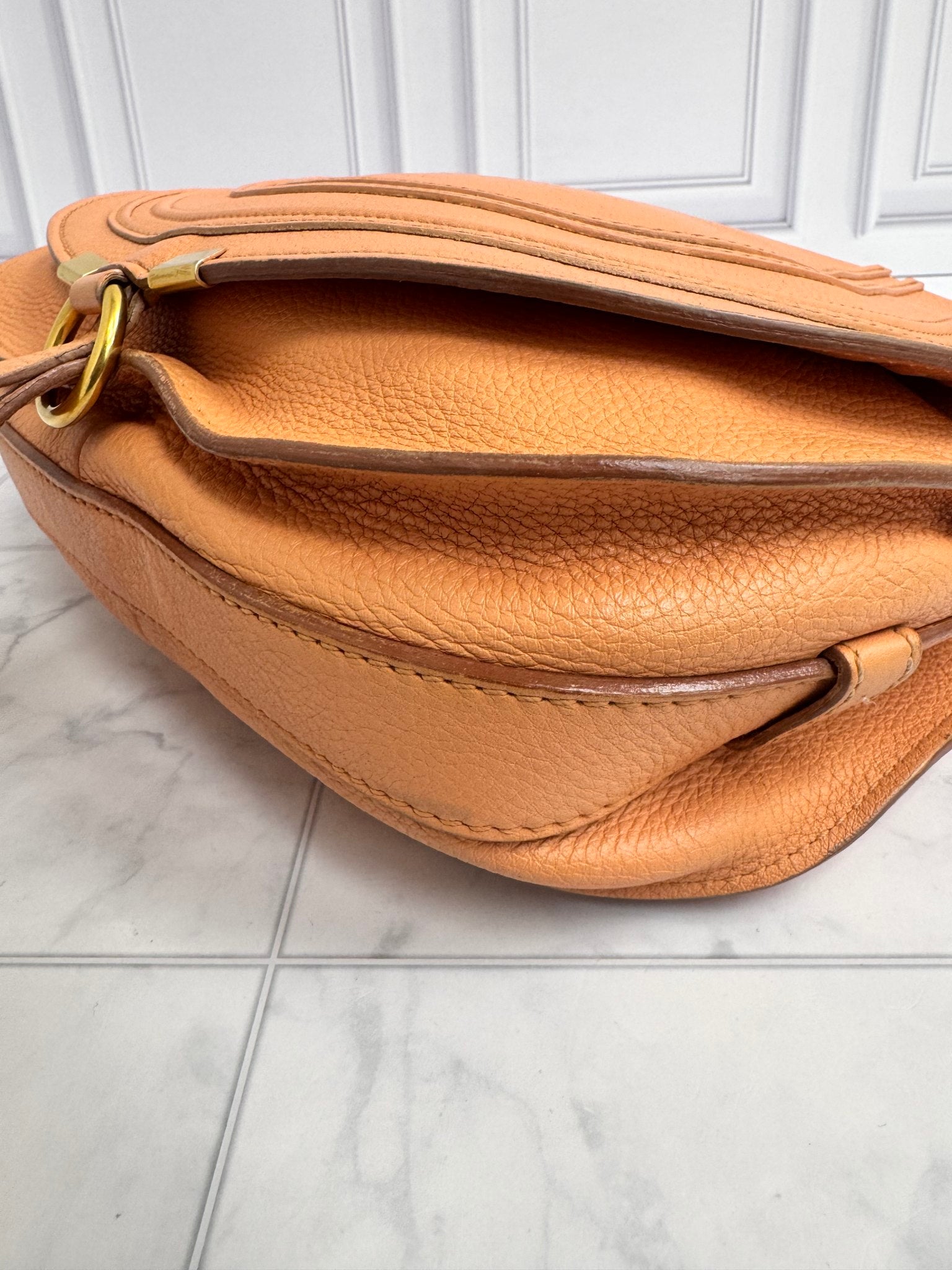 Chloe Peach Grained Leather Marcie Medium Crossbody Saddle Bag