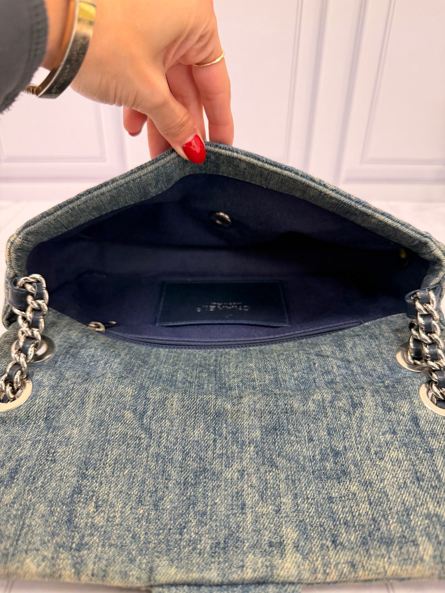 Chanel Denim Camellia Quilted Medium Flap Bag