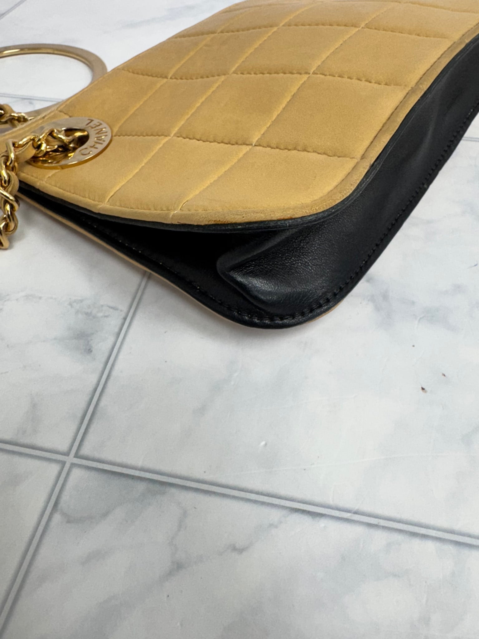 Chanel Beige Quilted Chocolate Bar Handcuff Wristlet Clutch Bag