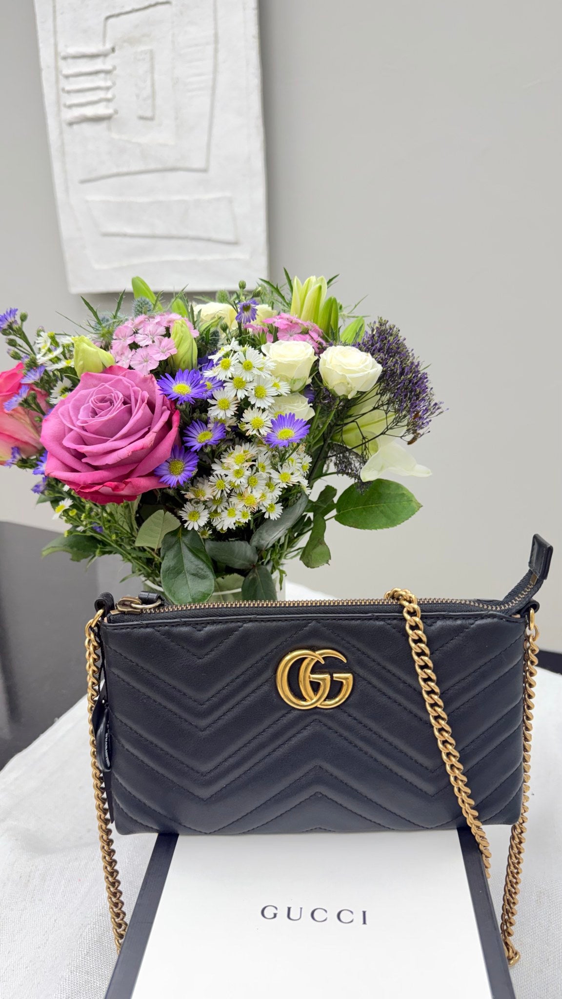 Gucci Black Leather GG Marmont Mini Chain Bag
