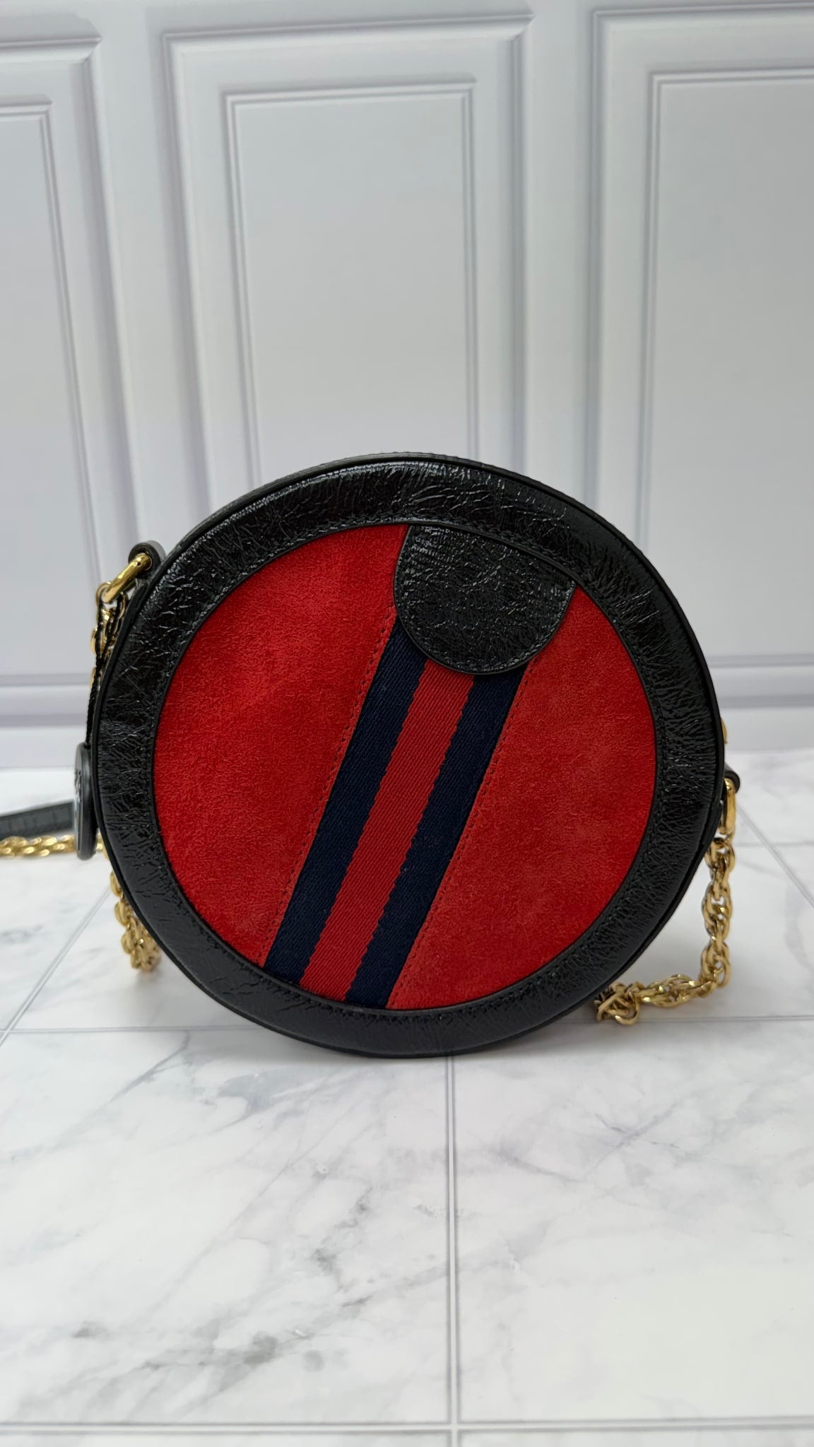 Gucci Red Suede & Black Patent Leather Round Marmont Mini Round Chain Bag