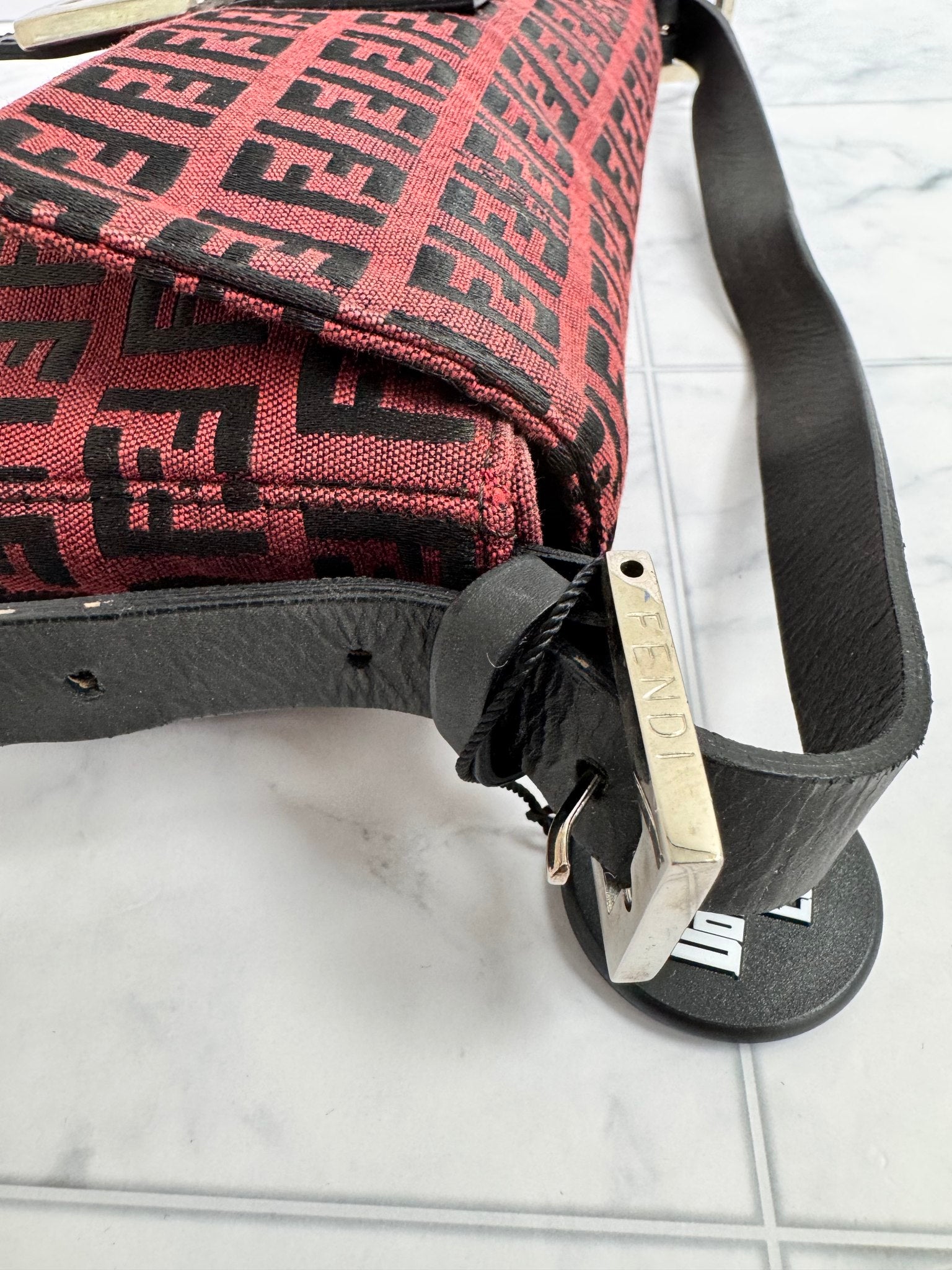 Fendi Red And Black Zucca FF Monogram Canvas Baguette Shoulder Bag