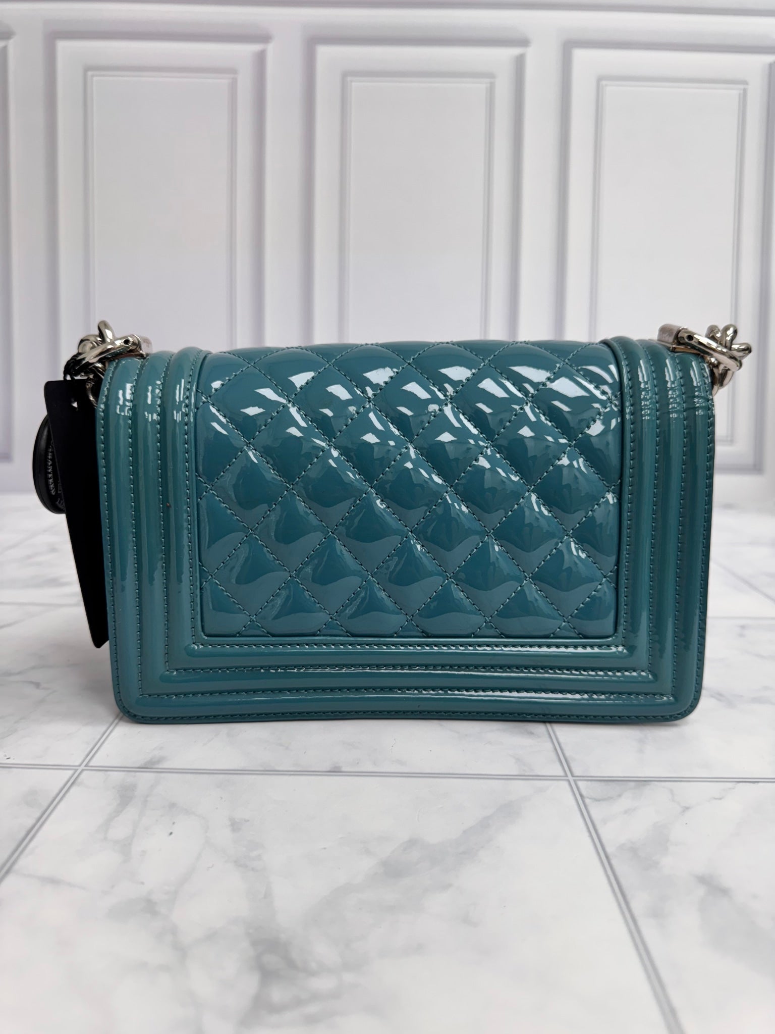 Chanel Teal Diamond Quilted Patent Leather Boy Flap Shoulder Bag