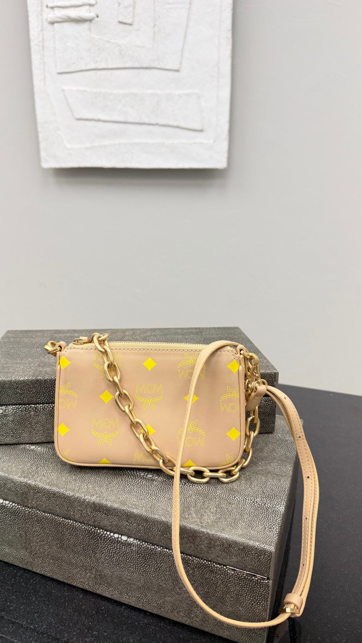 MCM Beige Leather Chain Crossbody Bag