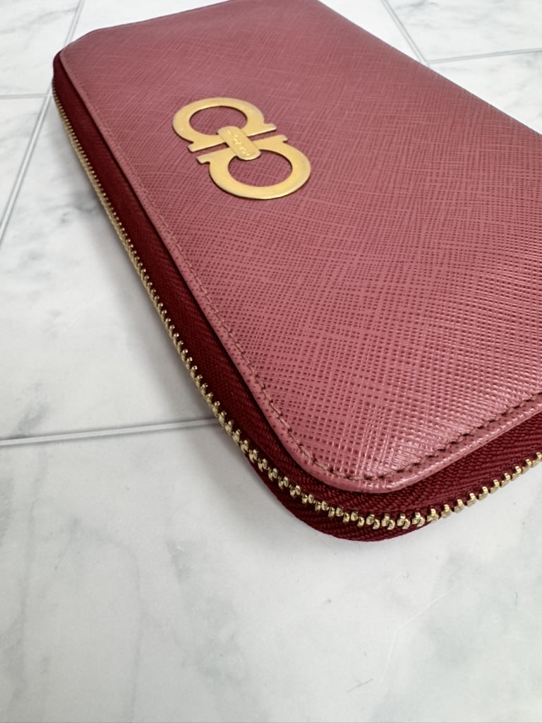 Salvatore Ferragamo Dusty Red Saffiano Leather Long Zippy Wallet