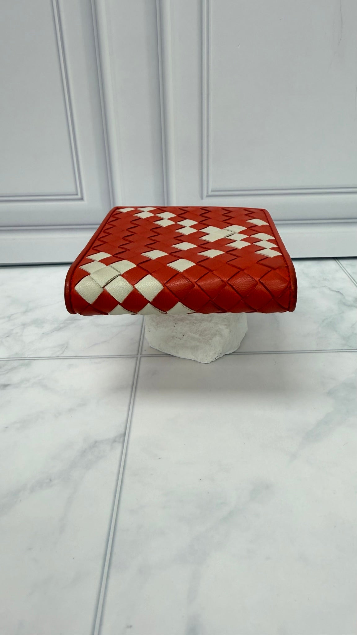 Bottega Veneta Orange And Cream Intrecciato Leather Bifold Wallet