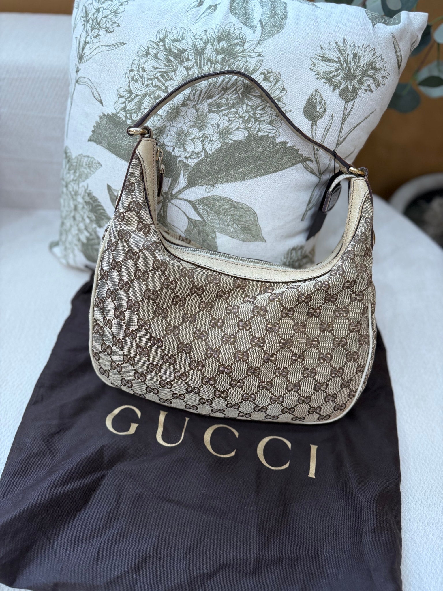 Gucci GG Beige Canvas Shoulder Hobo Bag