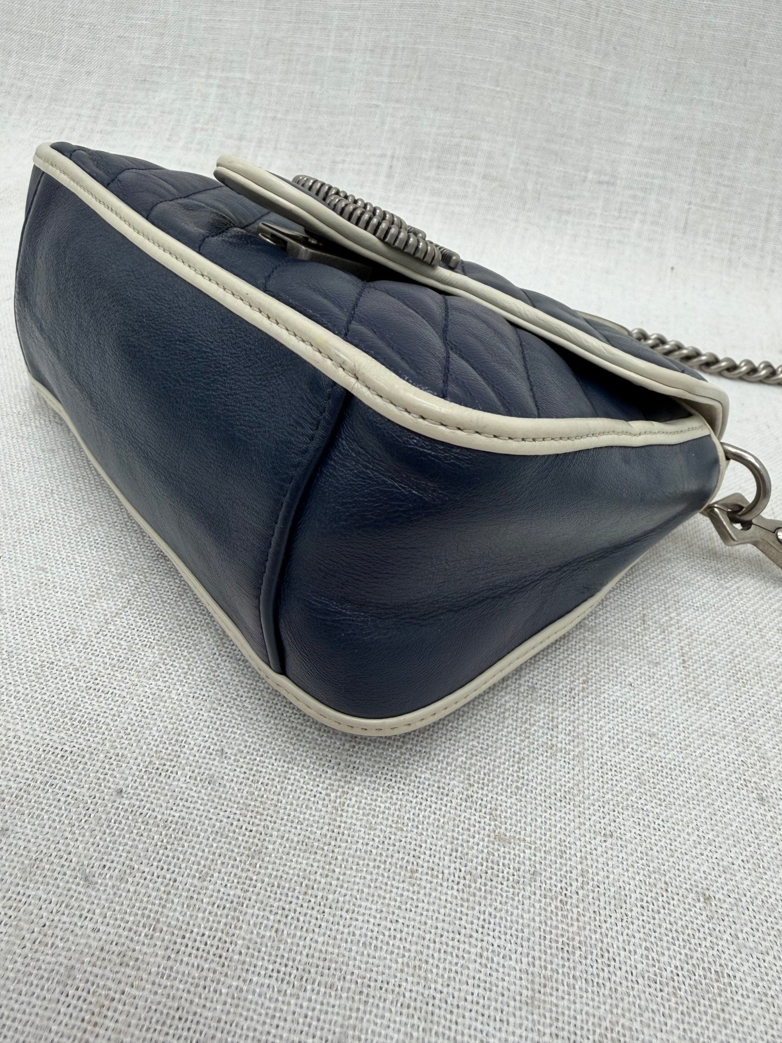 Gucci Navy Blue Leather Mini Marmont Top Handle Bag
