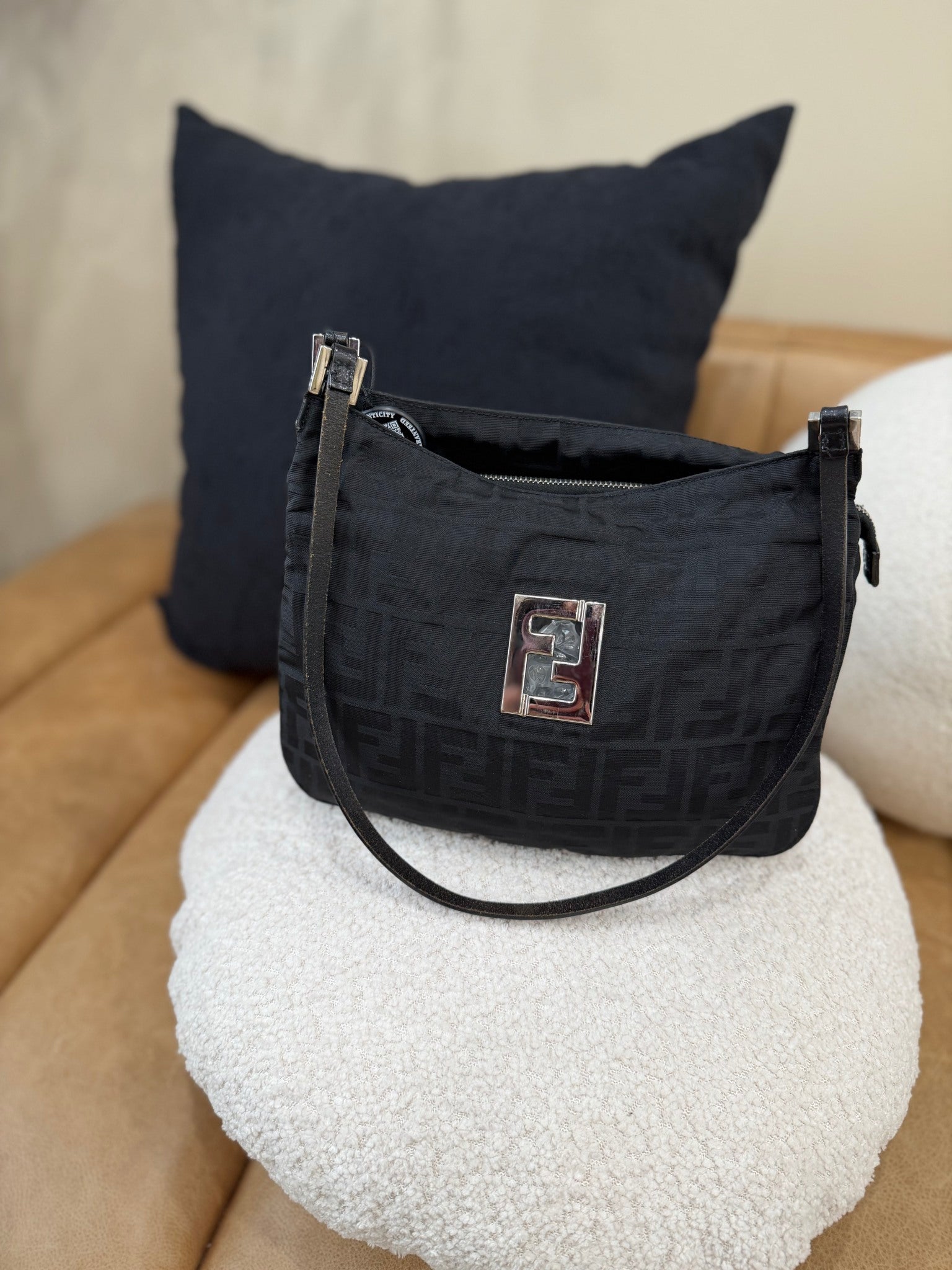 Fendi Vintage Black Zucca Canvas Shoulder Bag