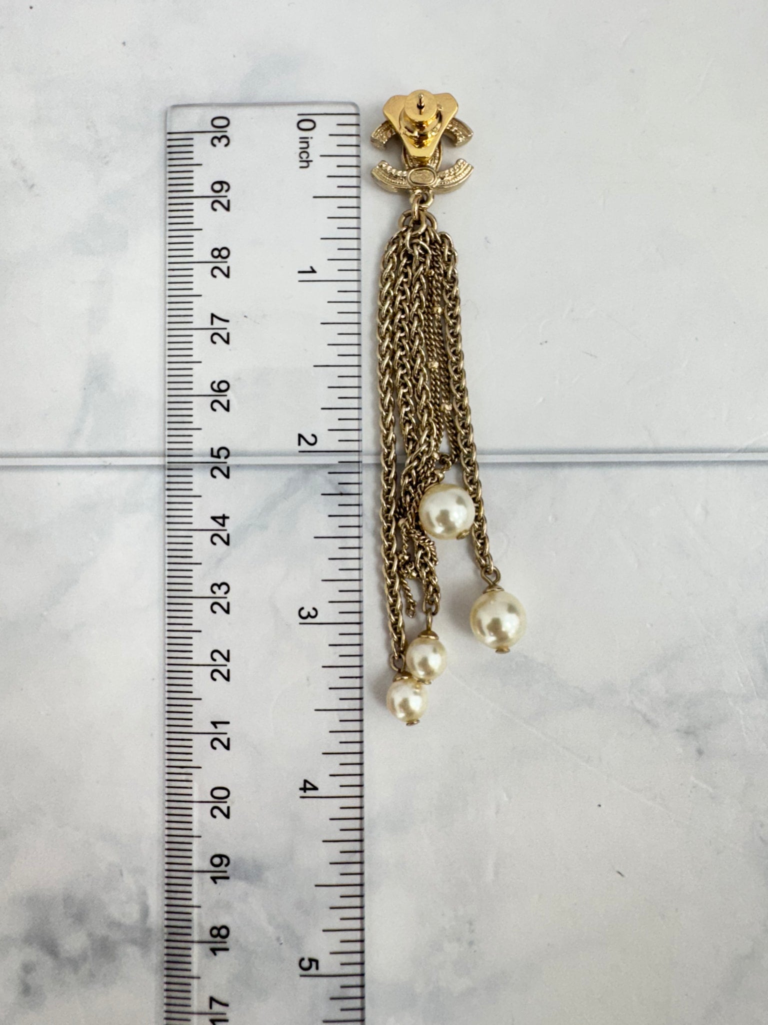Chanel Gold Tone Faux Pearl CC Chain Tassel Earrings