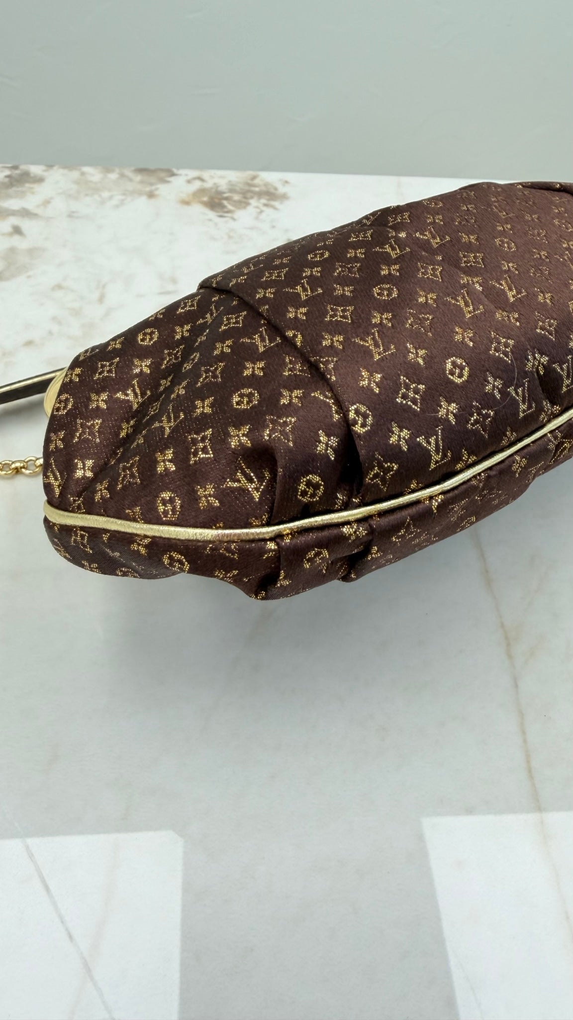Louis Vuitton Limited Edition Brown & Gold Monogram Satin Aumoniere Kisslock Bag