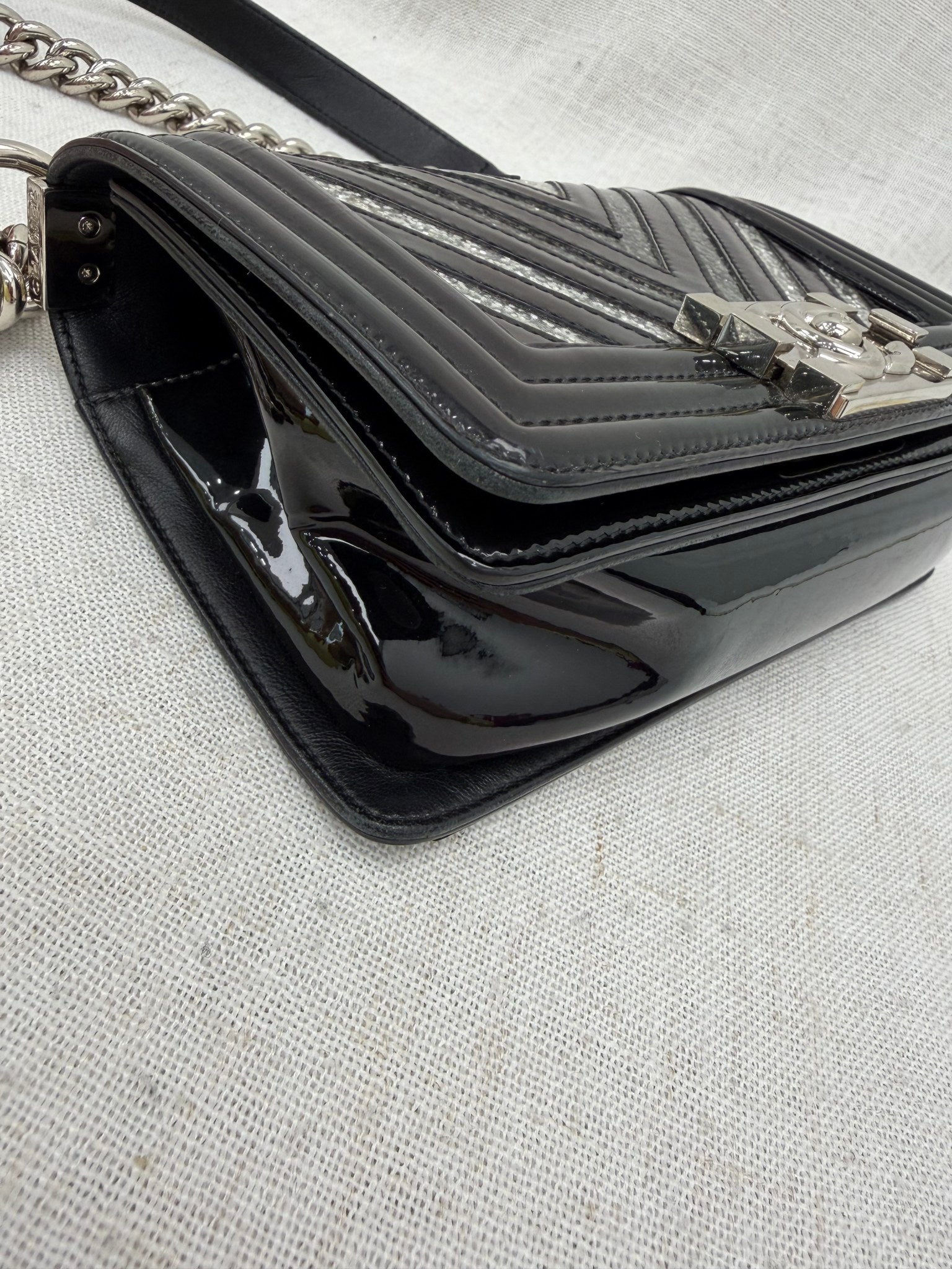 Chanel Black Patent Leather & Silver Glitter PVC Chevron Small Boy Bag