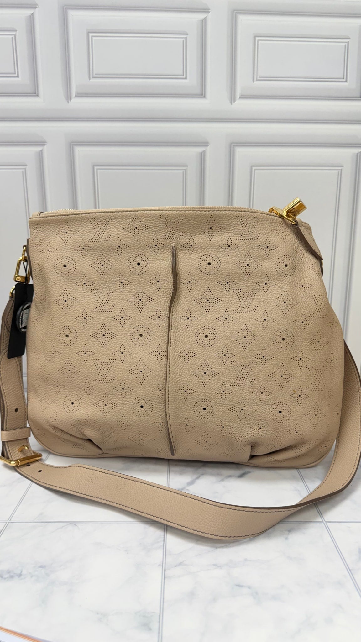 LIKE NEW - Louis Vuitton Beige Monogram Perforated Mahina Leather Selene PM Shoulder Bag