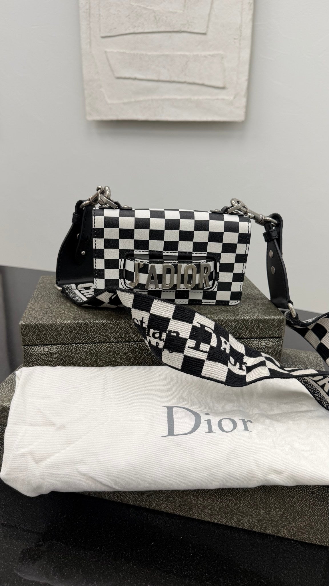 Christian Dior Black And White Leather J'Adior Checkered Flap Bag