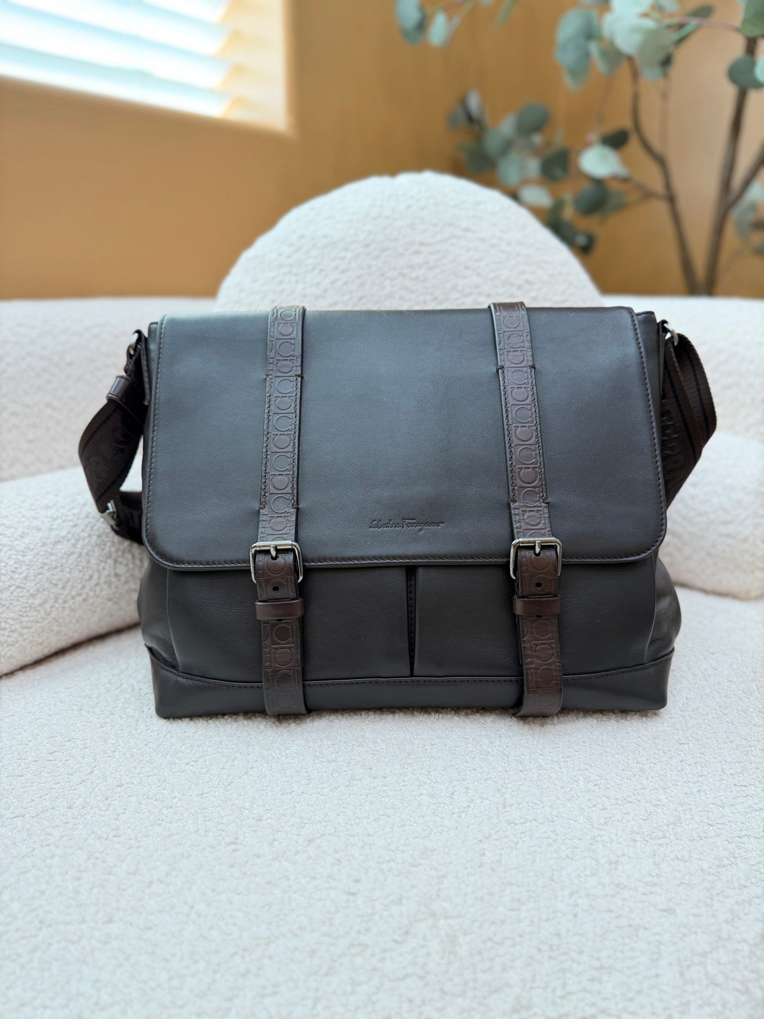 Salvatore Ferragamo Dark Brown Leather Double Strap Briefcase