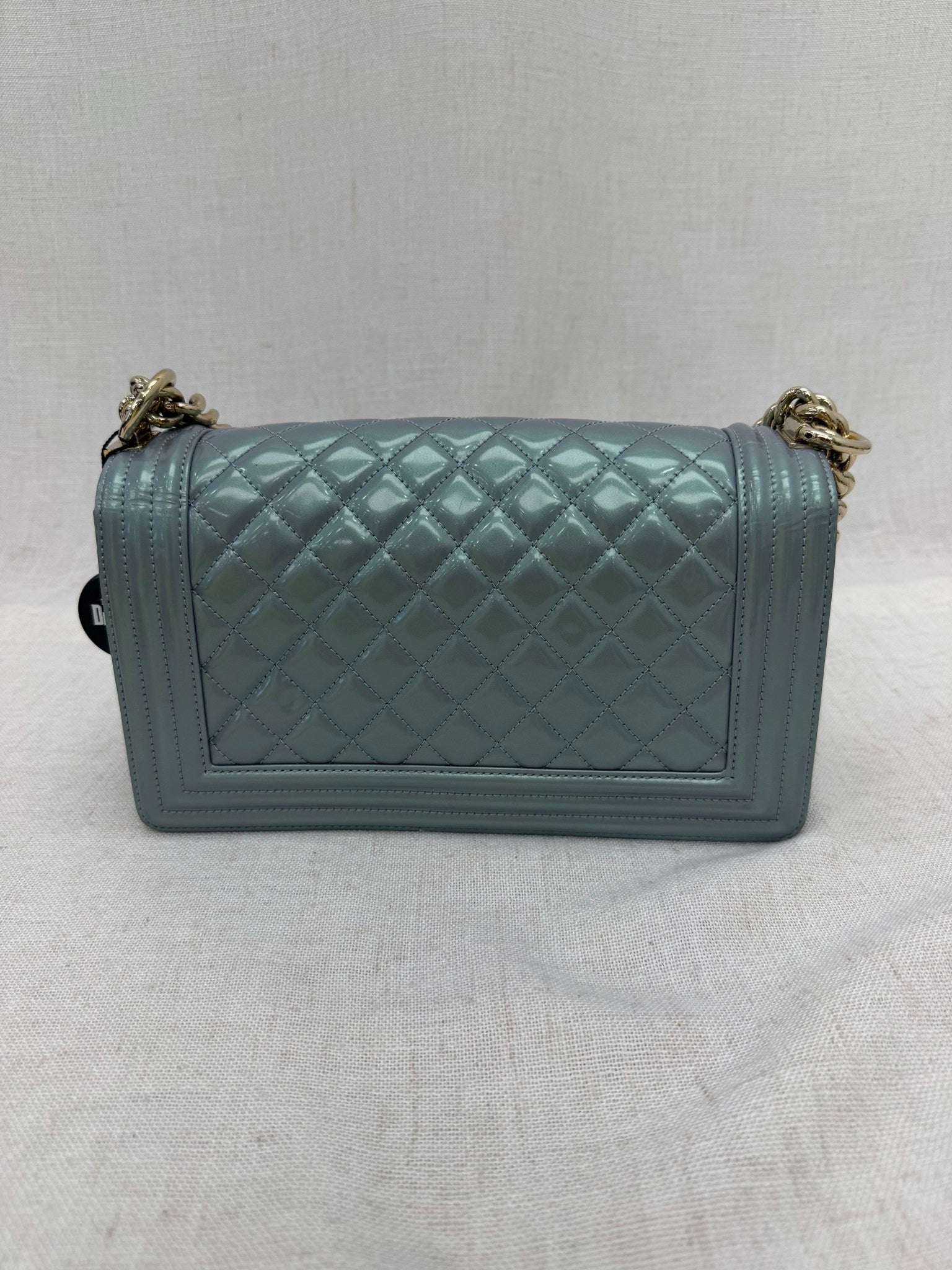 Chanel Blue Iridescent Quilted Patent Leather Medium Boy Bag