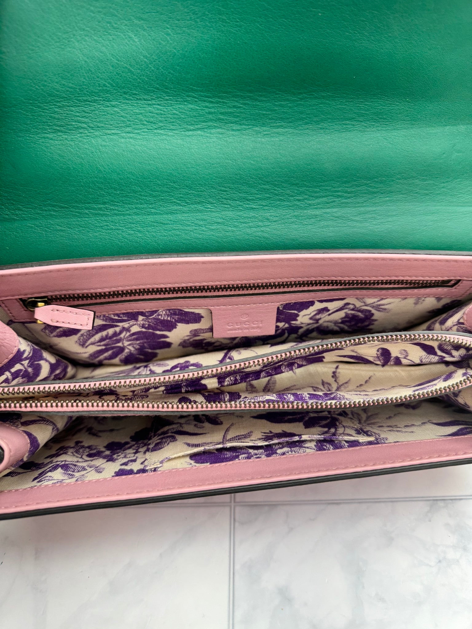 Gucci Green And Pink Leather Animalier Flap Shoulder Bag