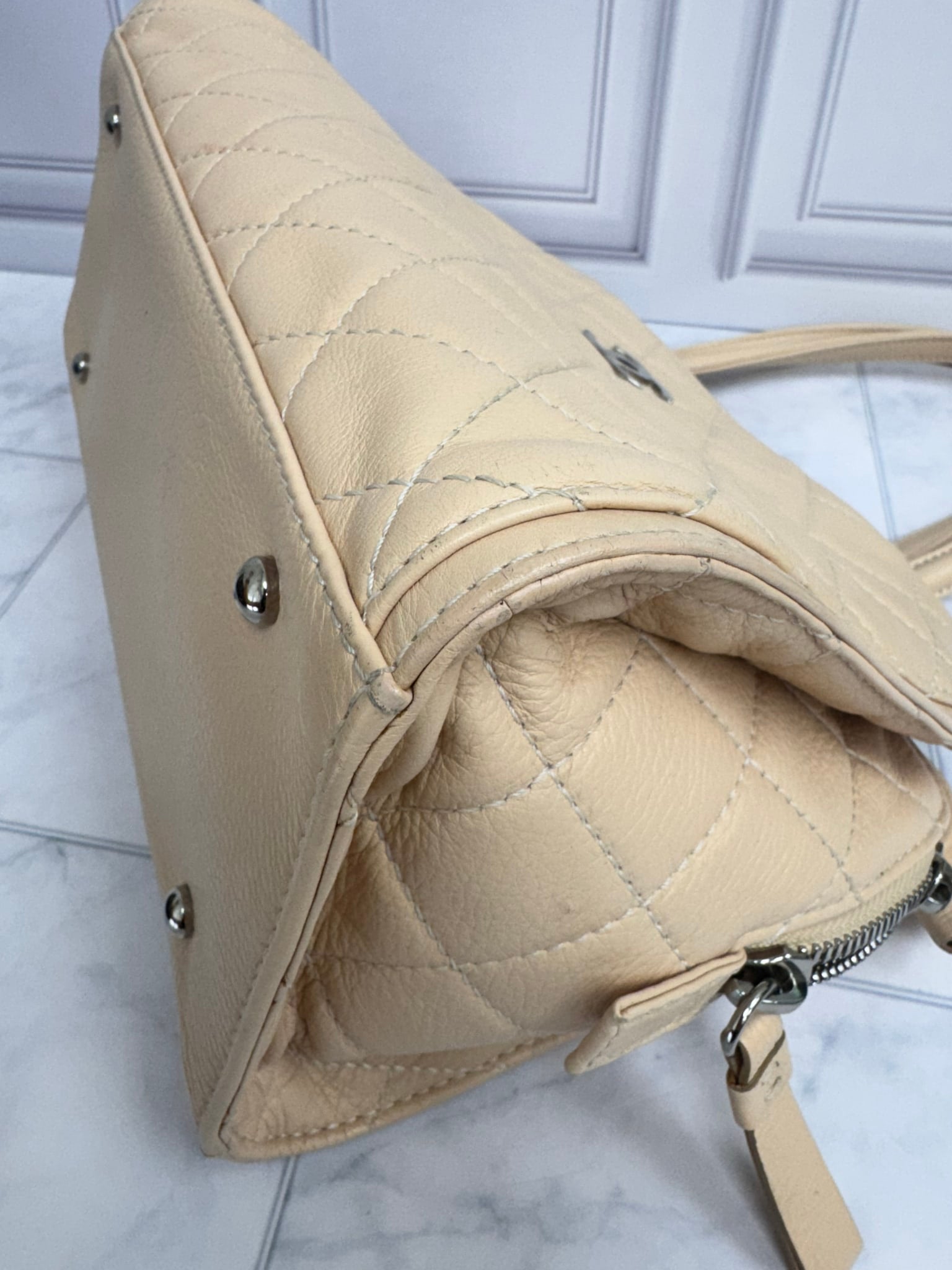 Chanel Beige Vintage Quilted Grained Leather Shoulder Bag