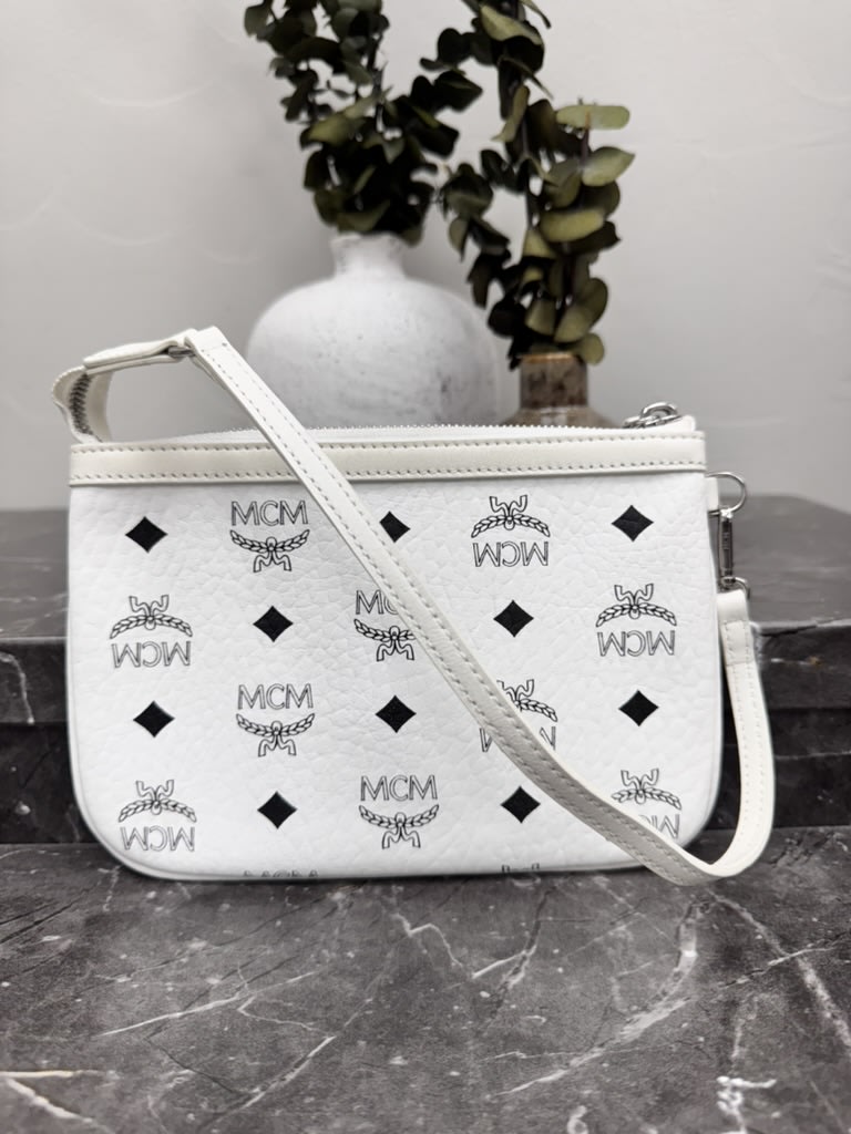 MCM White Visetos Leather Pouch