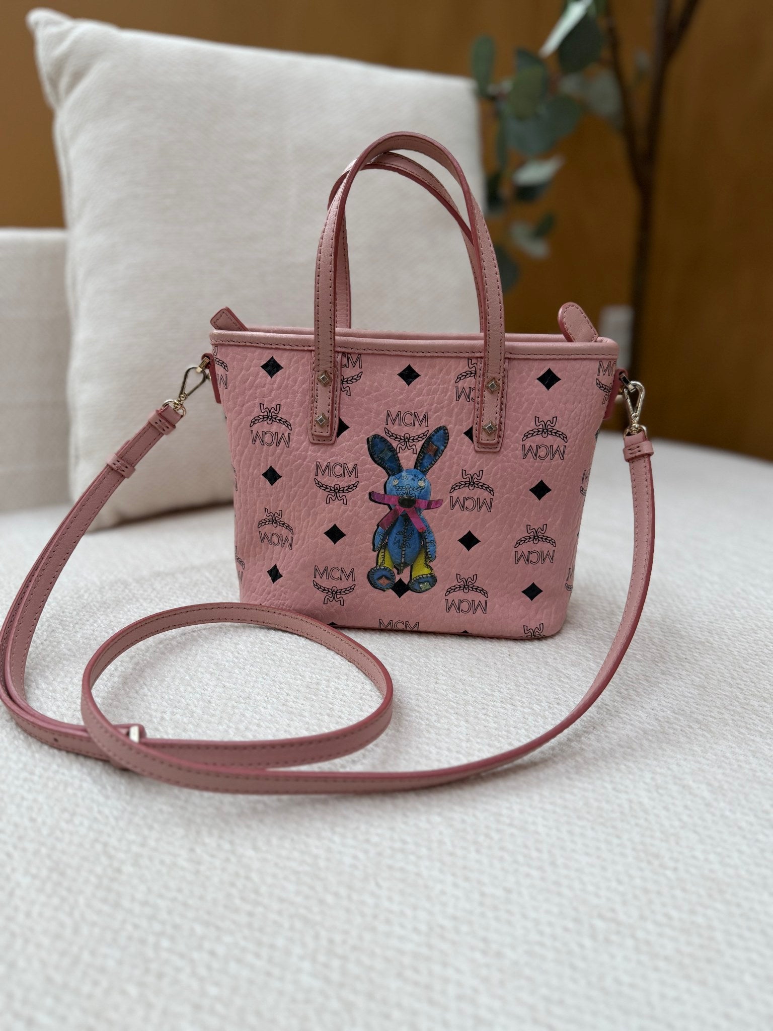 MCM Pink Coated Canvas Bunny 2Way Bag