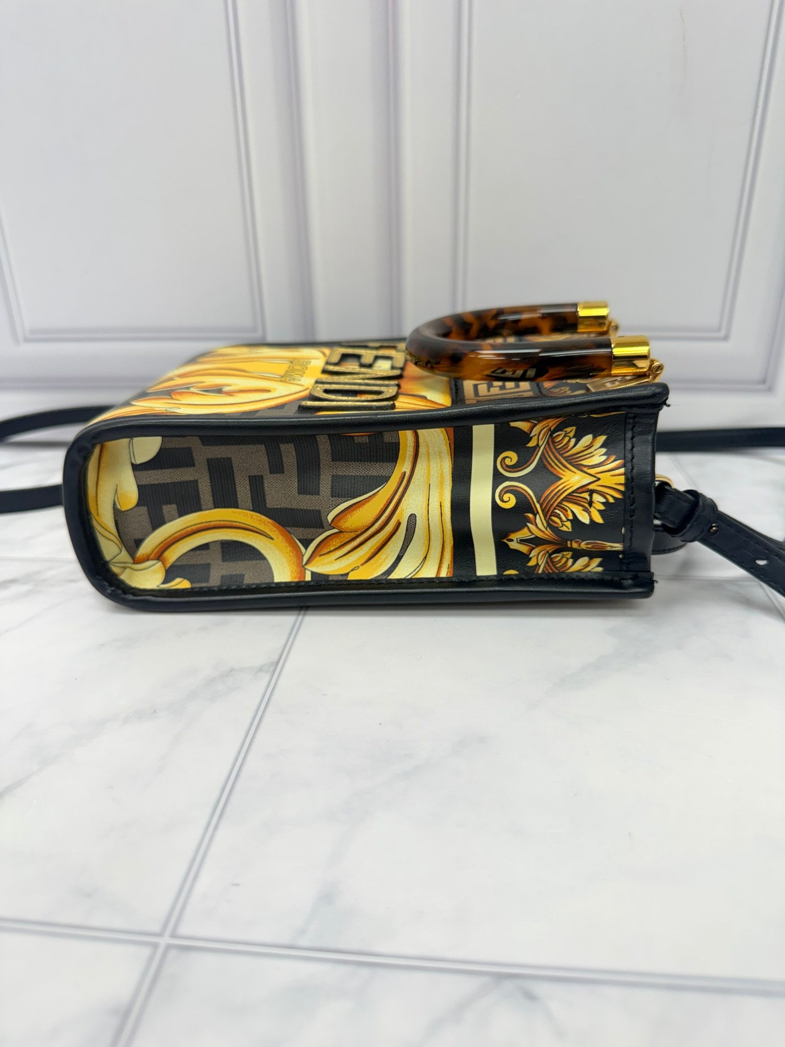 Fendi Yellow And Black Leather Fendace Mini Sunshine Shopper Crossbody Bag