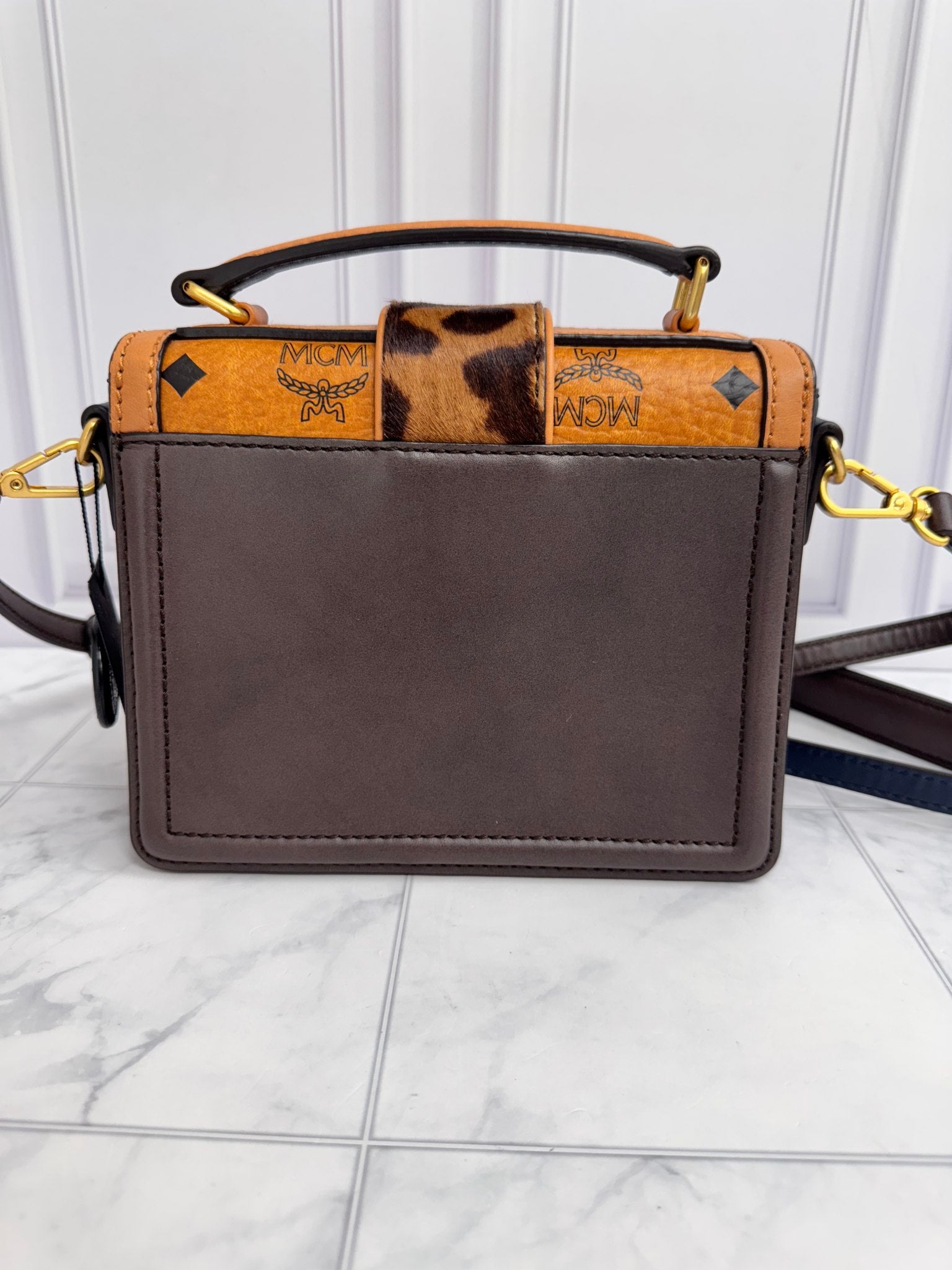 MCM Brown Leather Leopard Studded Veronika 2Way Bag