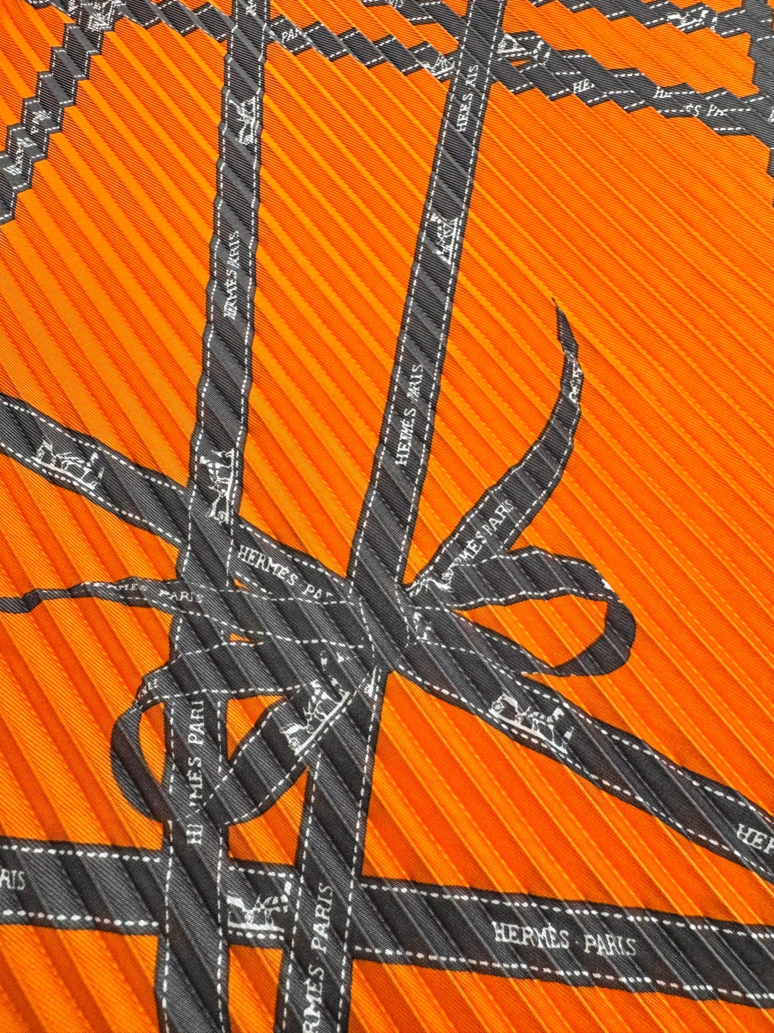 Hermes Orange Pleated Silk Bolduc Plisse Scarf