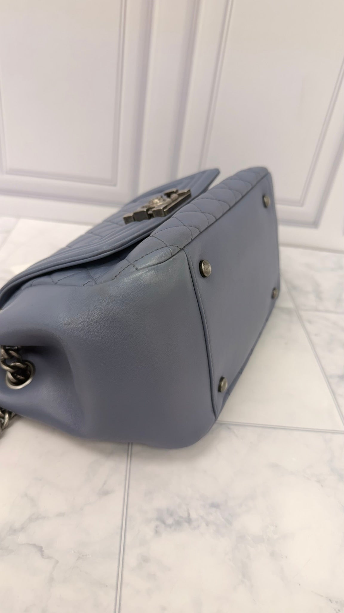 Chanel Dusty Blue Lambskin Leather Old Medium Boy Bag
